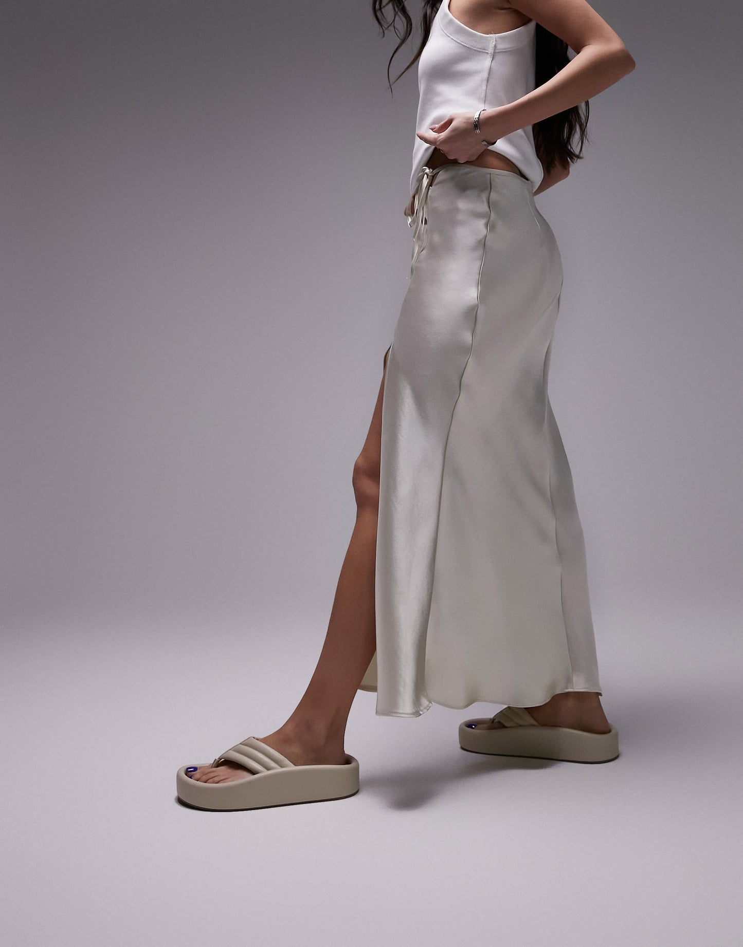 Topshop split tie bias midi skirt in champagne