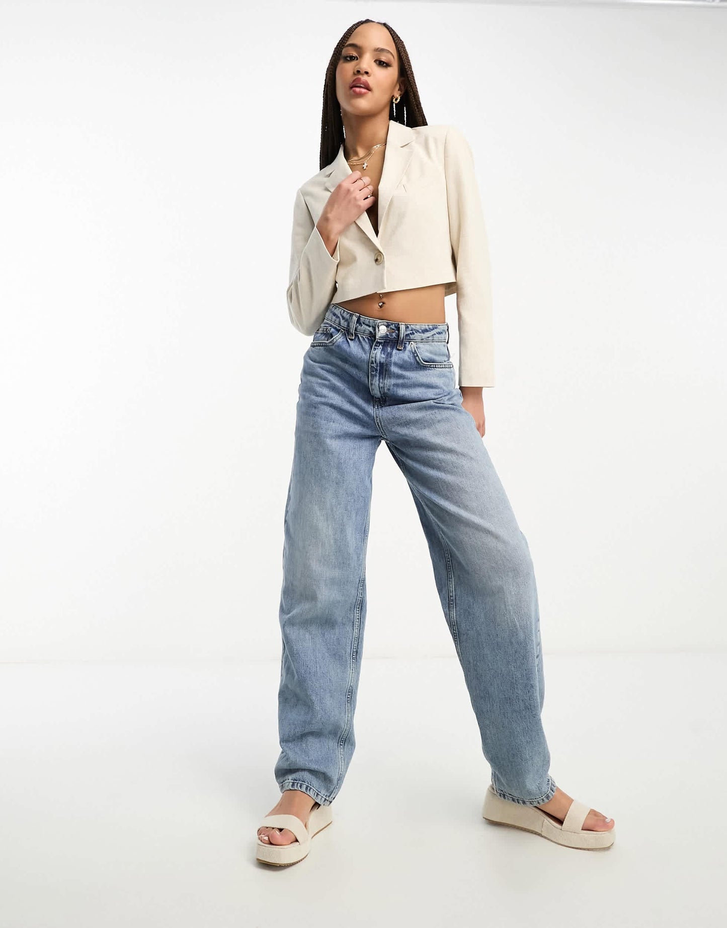 Stradivarius cropped linen blazer in natural