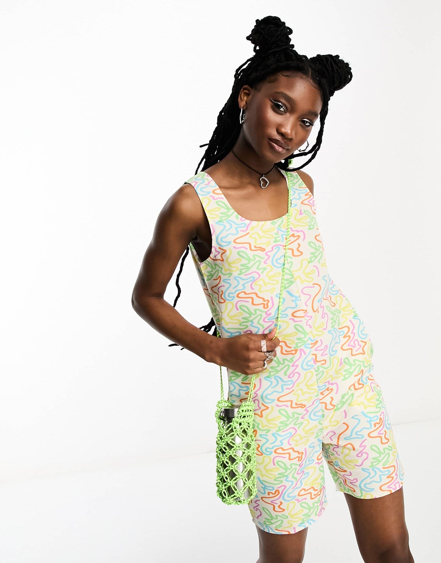 Noisy May beach romper playsuit in white squiggle print