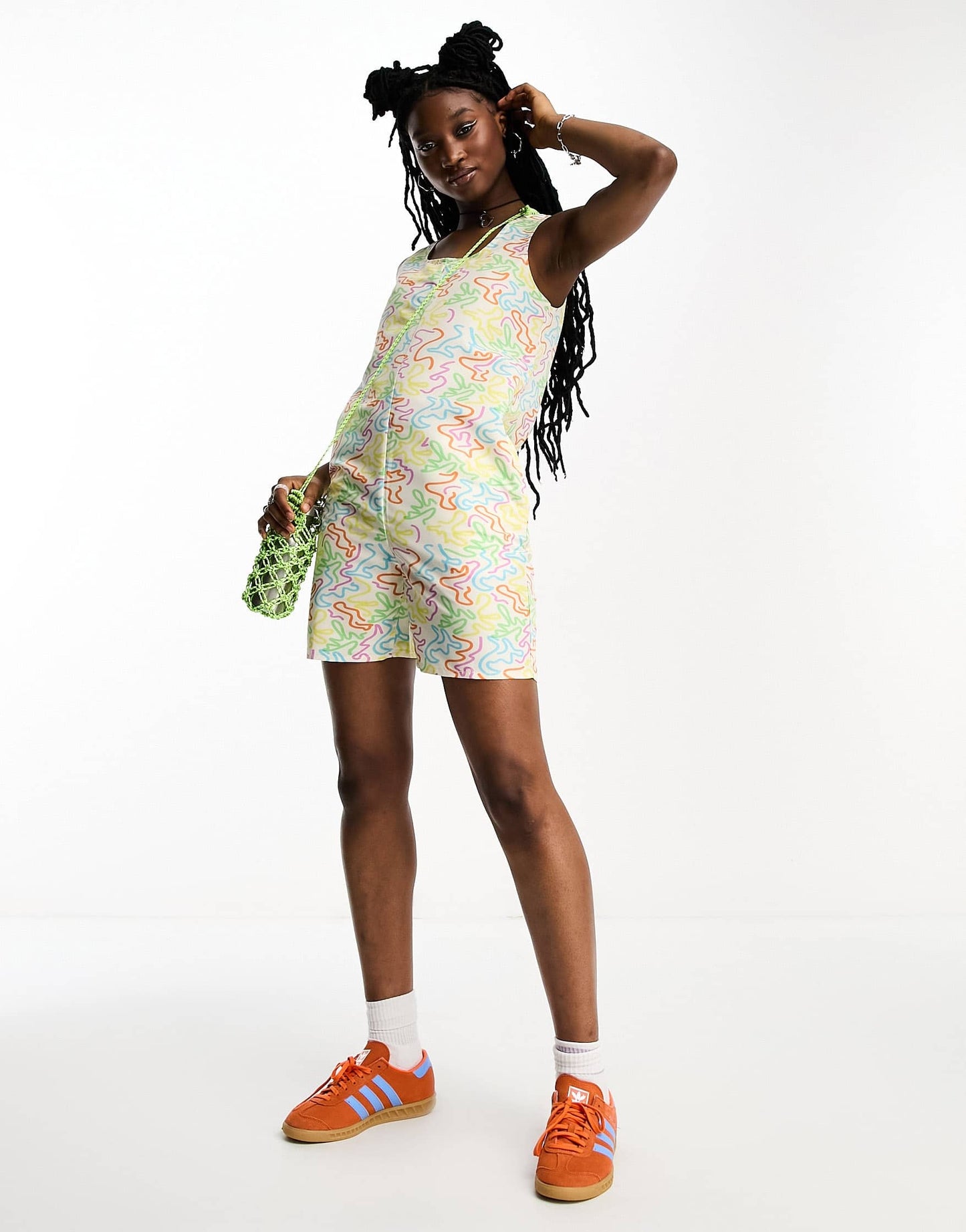 Noisy May beach romper playsuit in white squiggle print