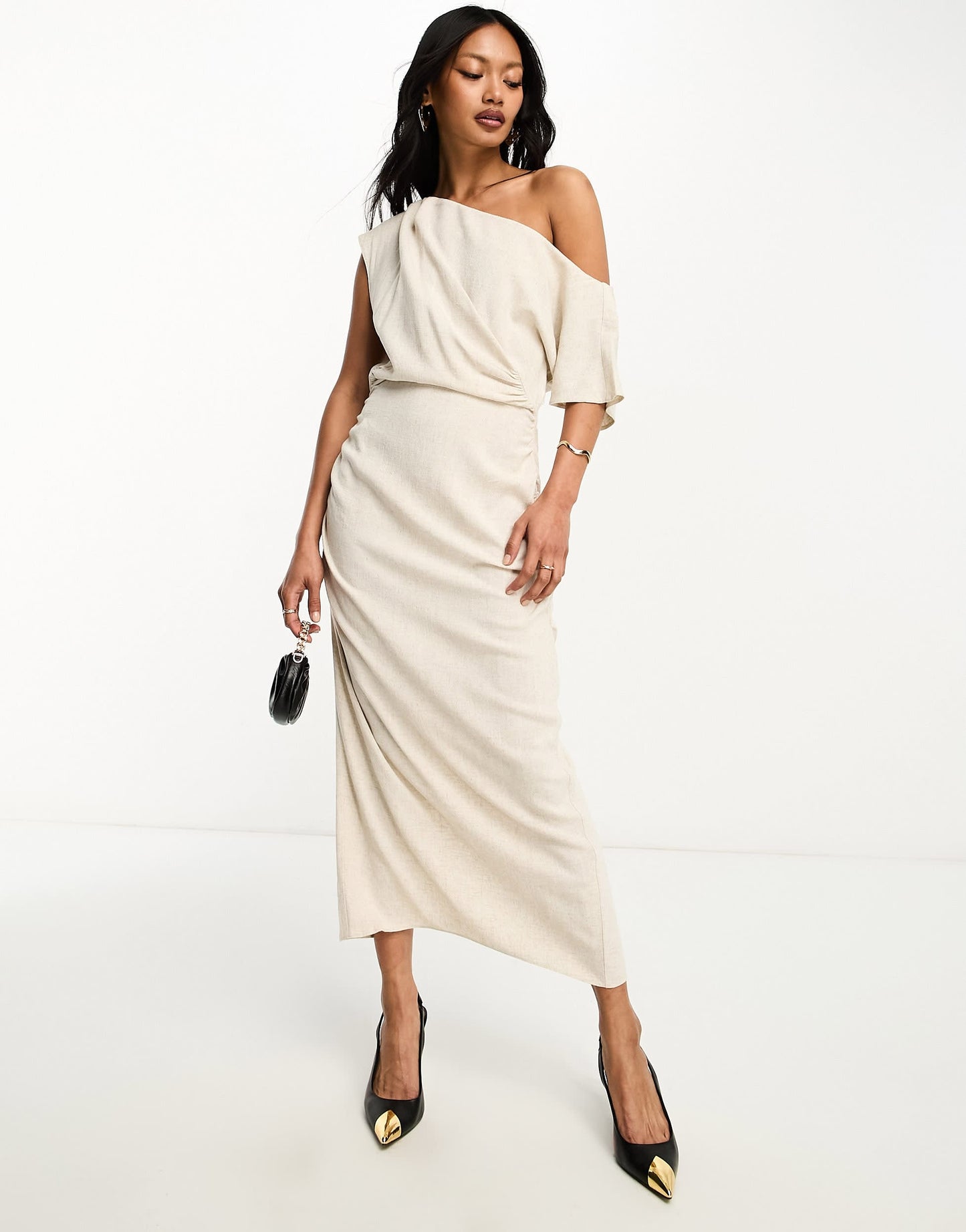 ASOS DESIGN linen fallen shoulder ruched midi dress in oatmeal