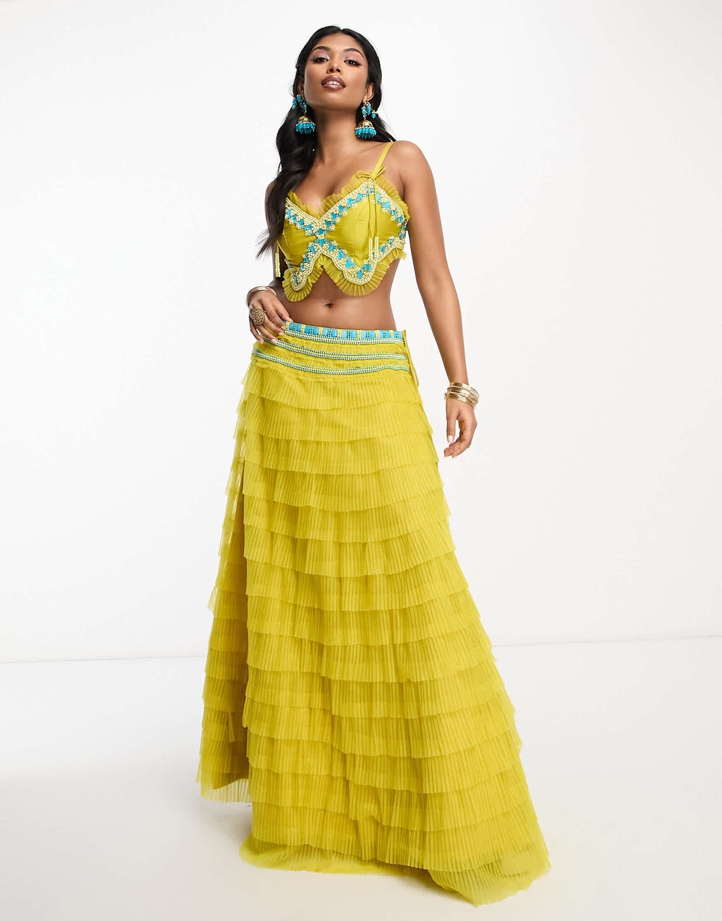 A Star Is Born embellished crop top in mustard yellow co-ord