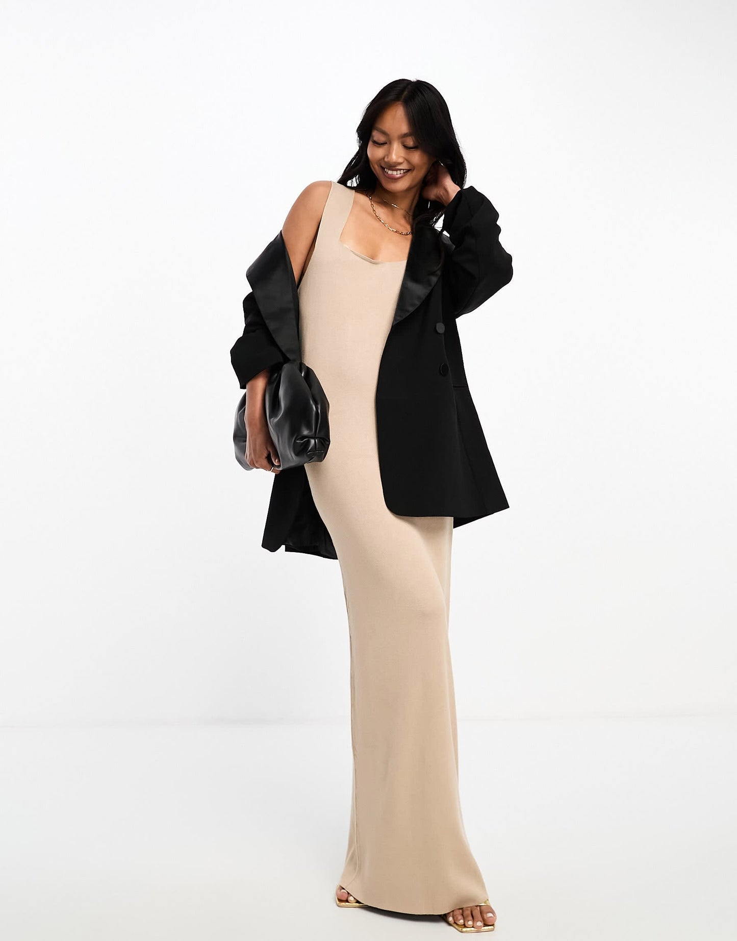 Y.A.S structured soft knitted strappy maxi dress in beige