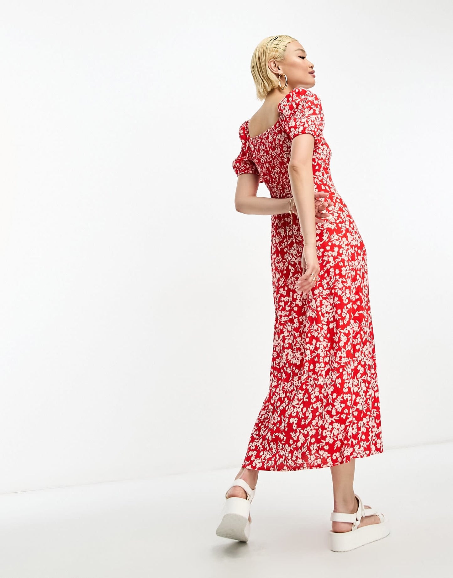 & Other Stories puff sleeve midi dress in red floral