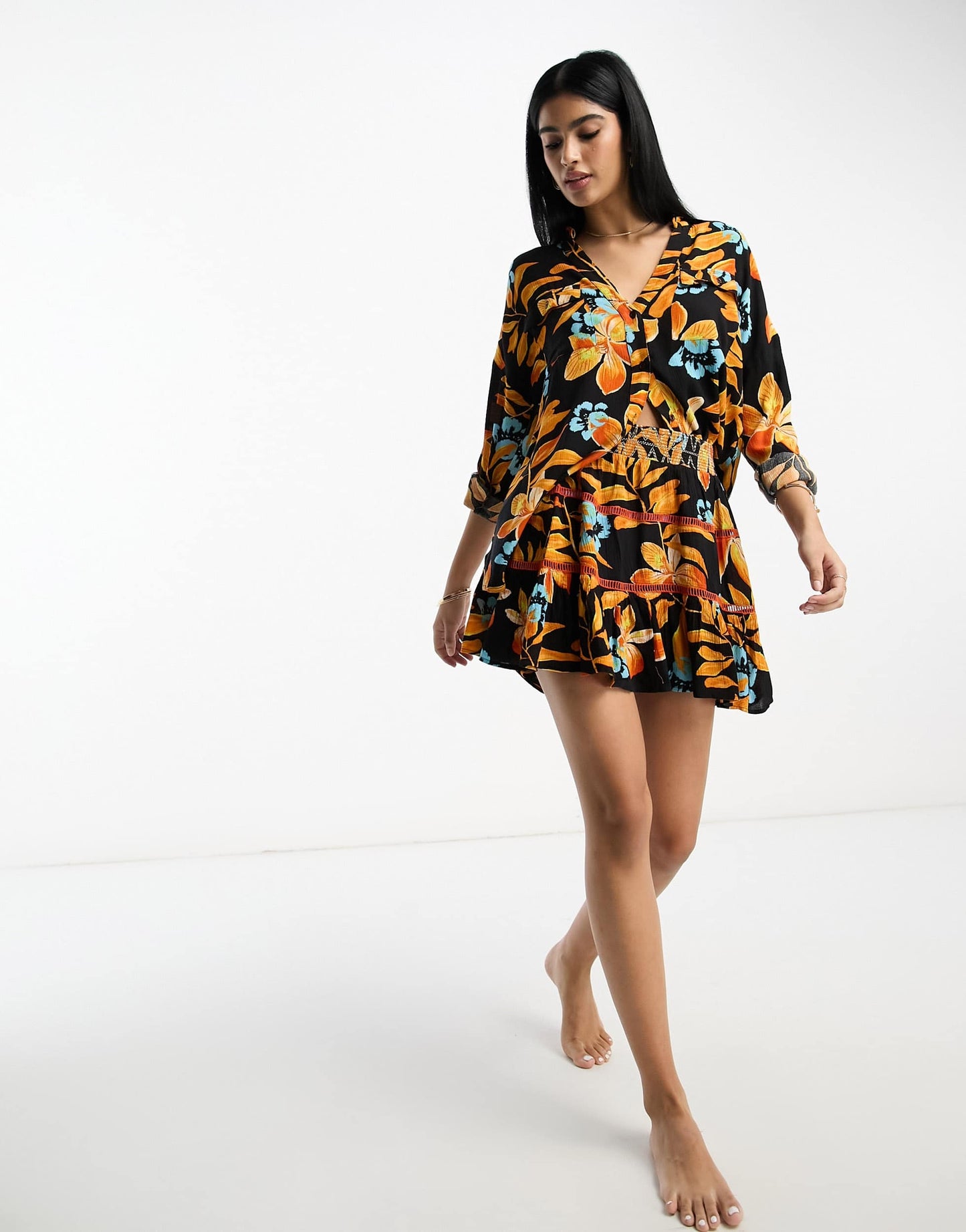River Island shirred mini beach skirt co-ord in black tropical print