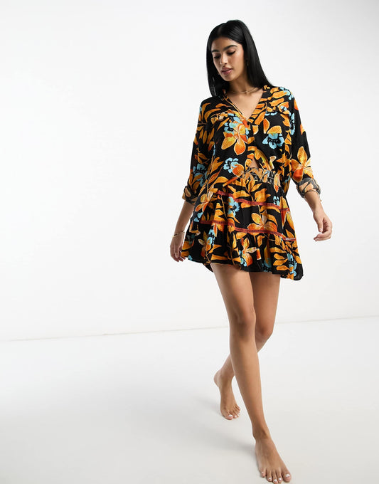 River Island shirred mini beach skirt co-ord in black tropical print