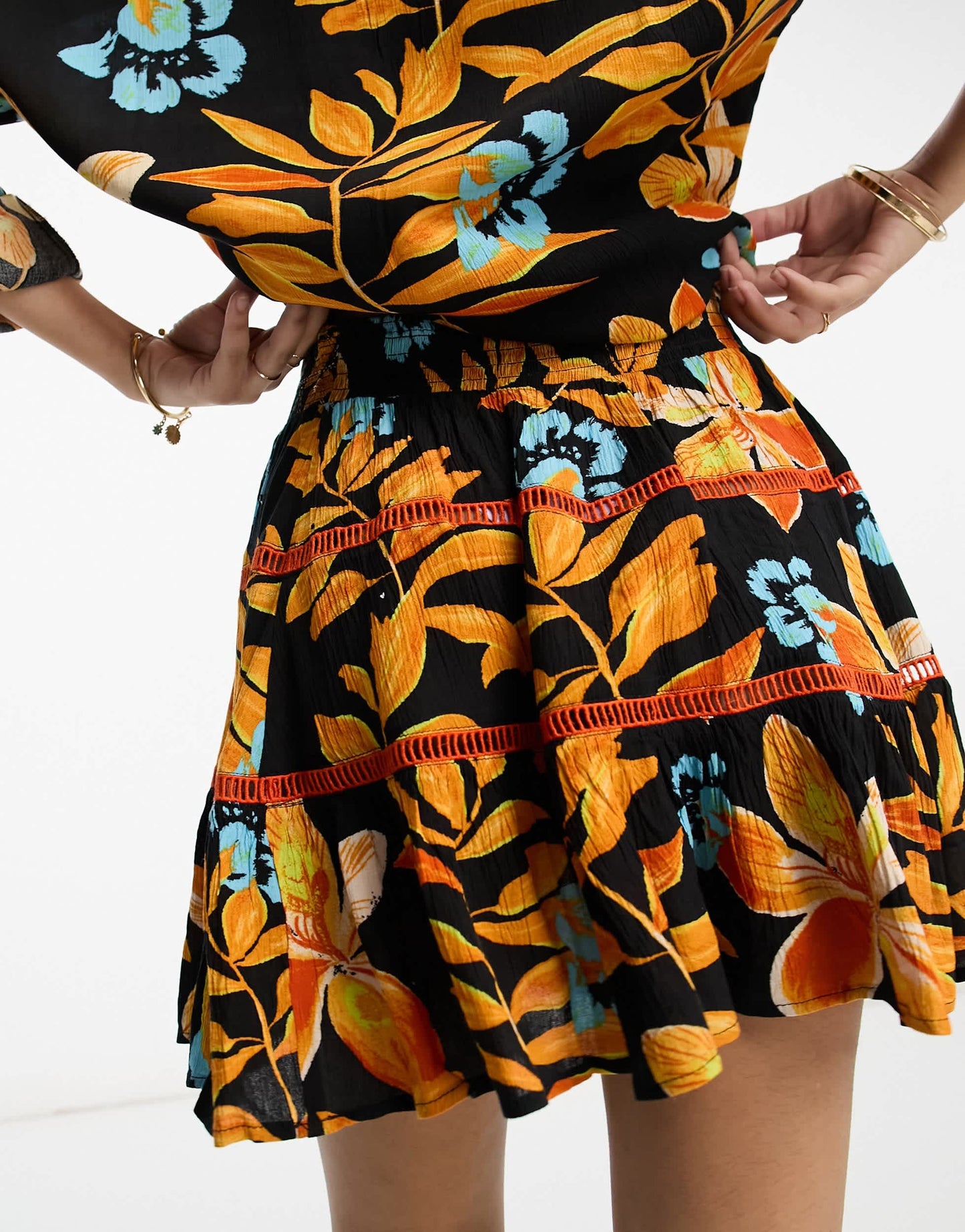 River Island shirred mini beach skirt co-ord in black tropical print