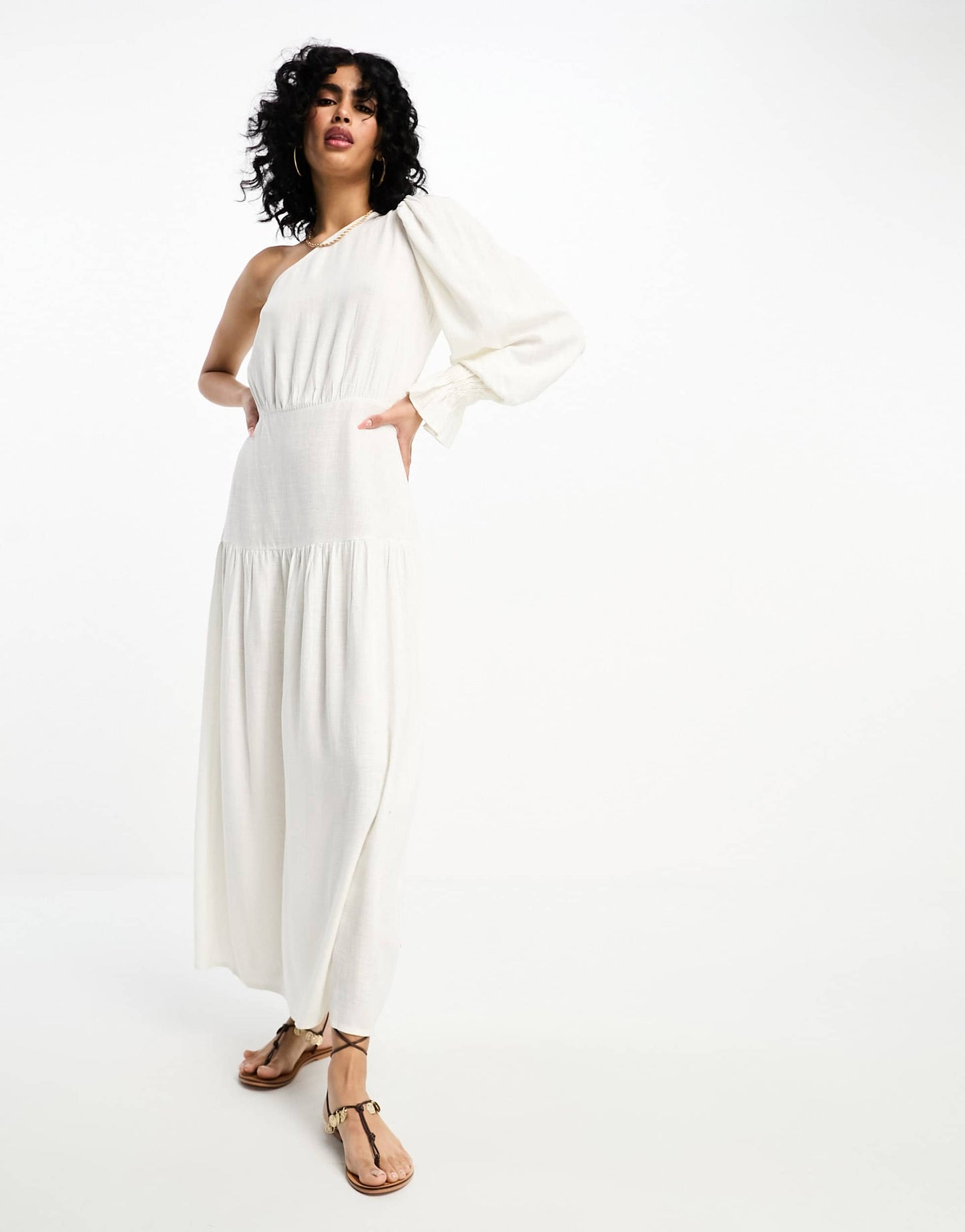 ASOS DESIGN one shoulder linen midi dress in white