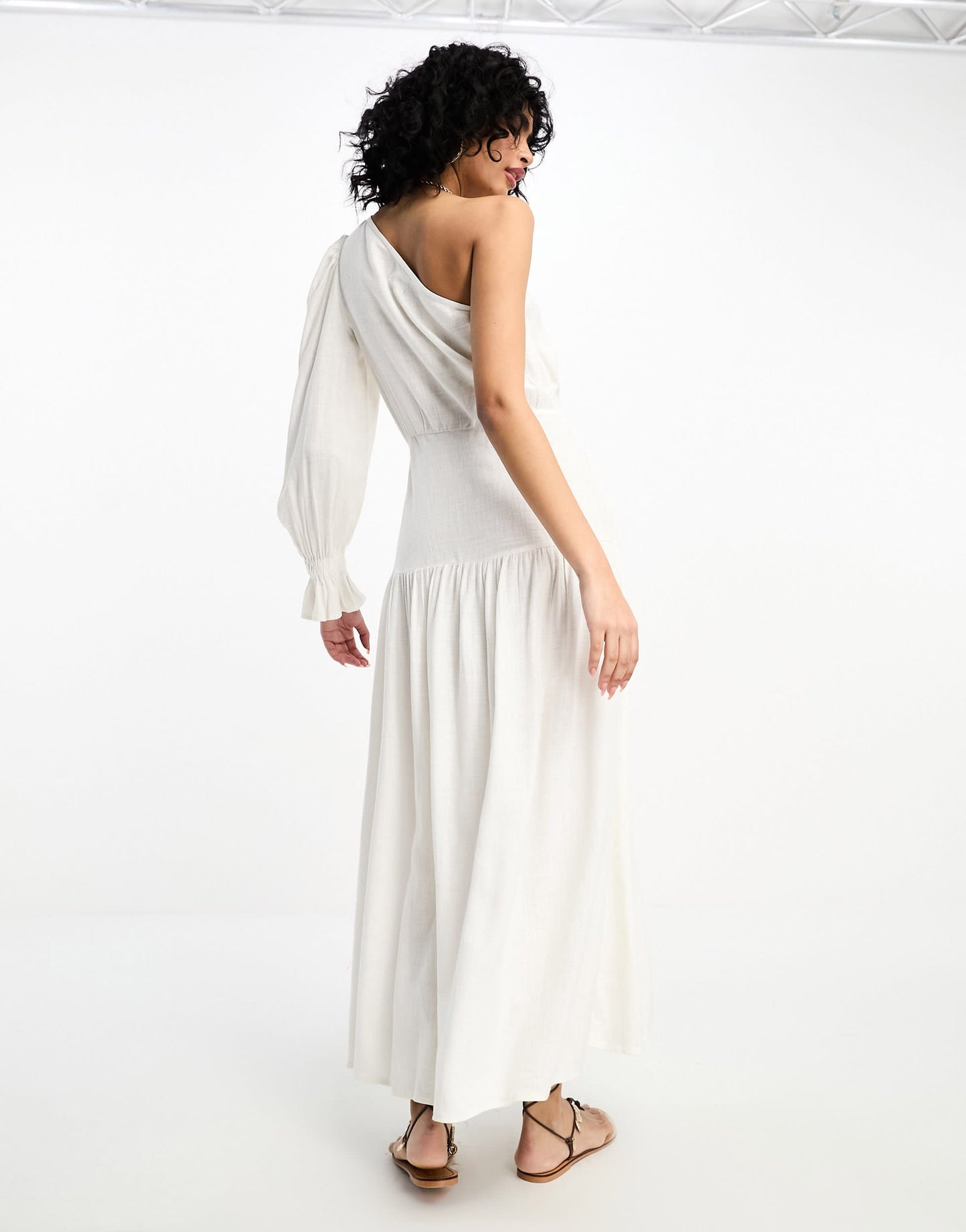 ASOS DESIGN one shoulder linen midi dress in white