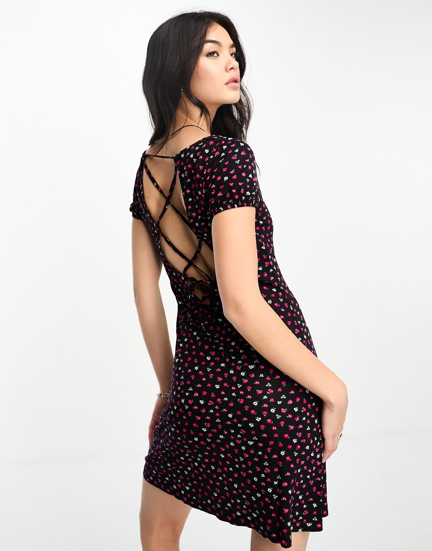Only cross back detail mini dress in black and red ditsy floral