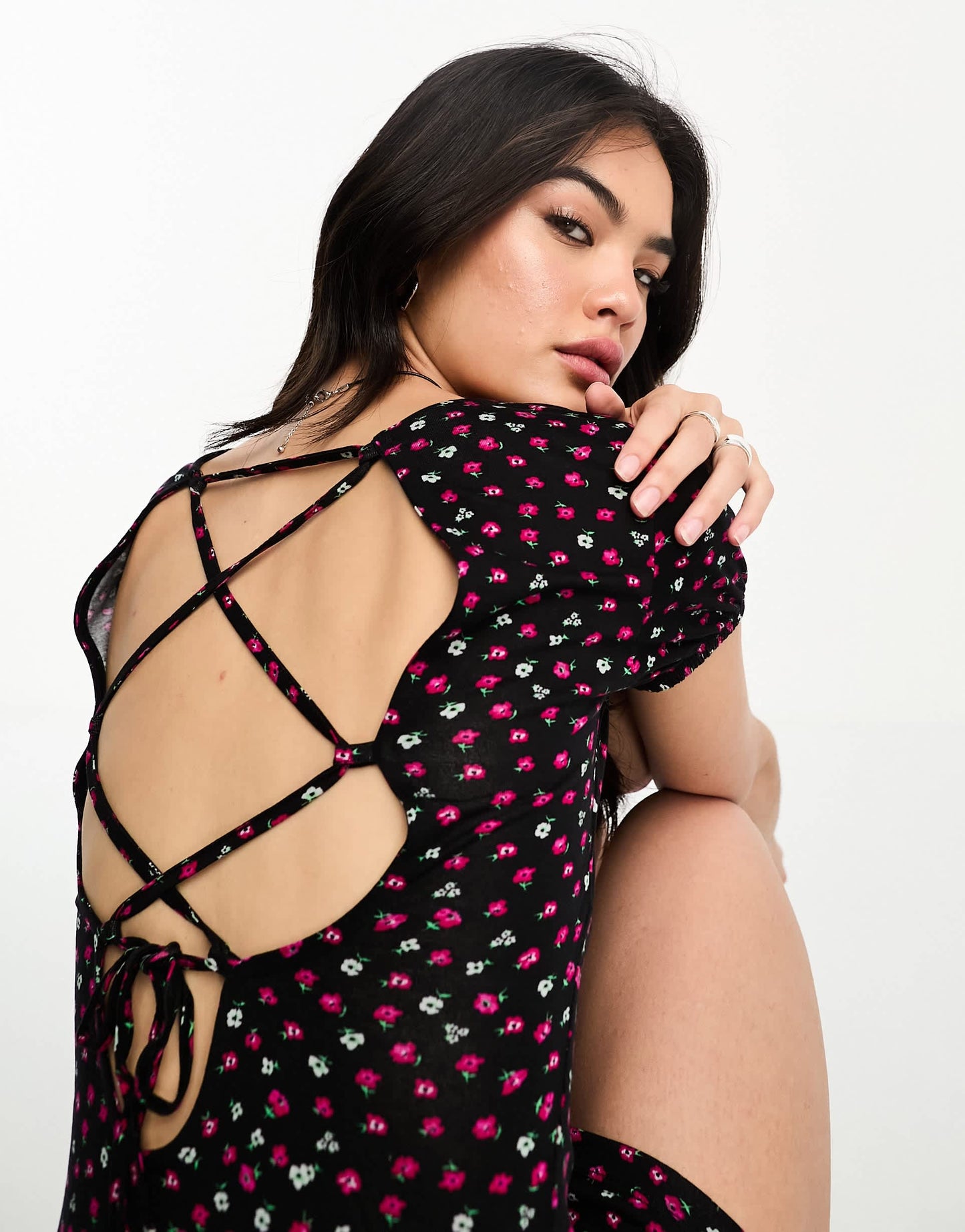 Only cross back detail mini dress in black and red ditsy floral