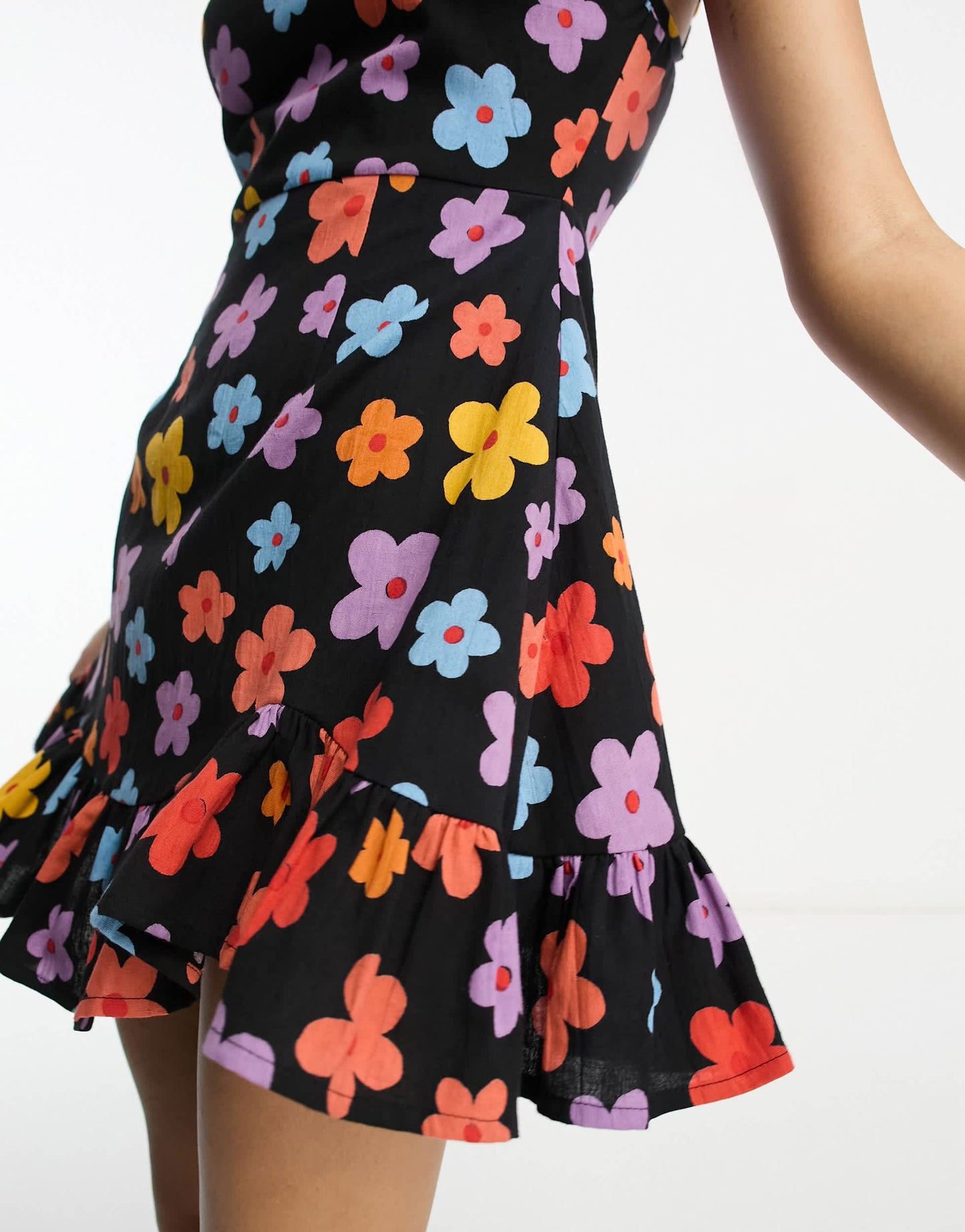 ASOS DESIGN linen cami mini sundress with ruffle hem in bold daisy print