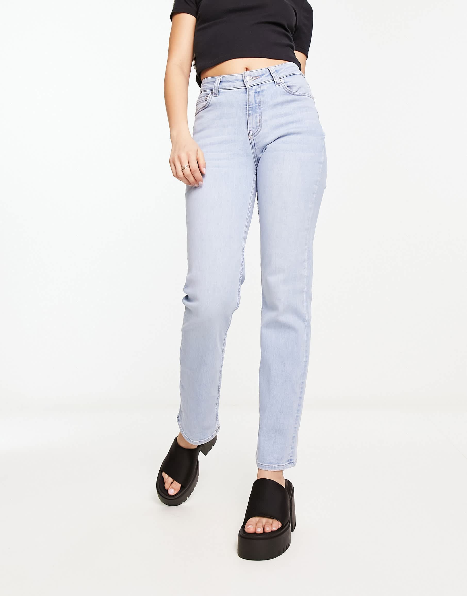 Weekday Twig mid rise v-shape waist straight leg stretch jeans in light  verona blue