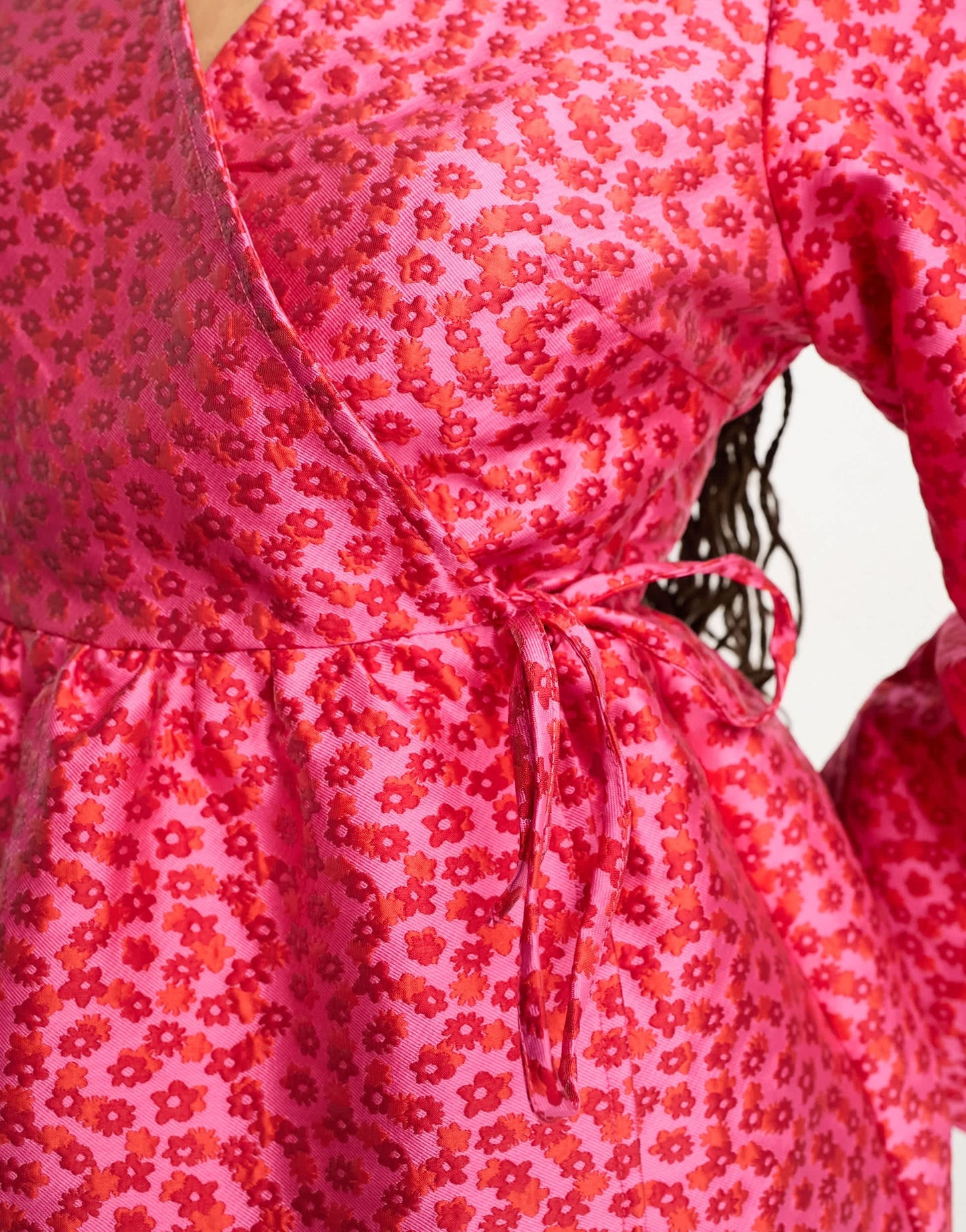 Pieces Premium kimono sleeve wrap mini dress in pink & red
