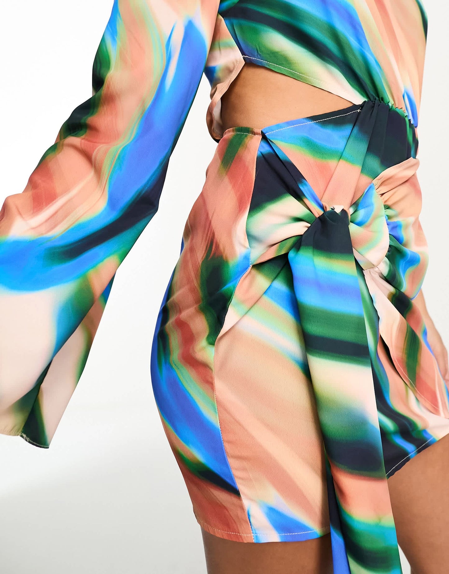 In The Style x Perrie Sian one sleeve tie front mini dress in abstract print