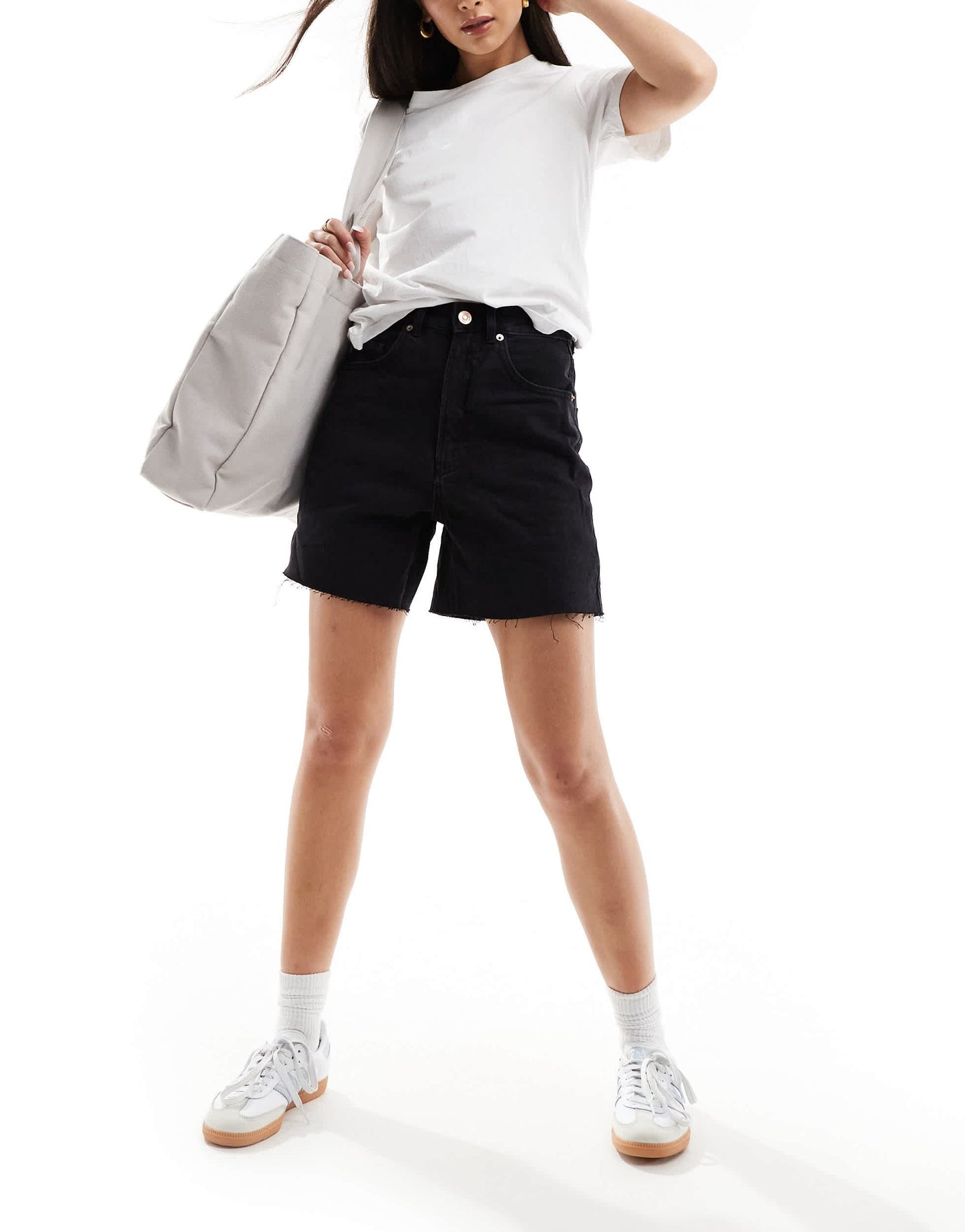 Stradivarius longline denim short in black