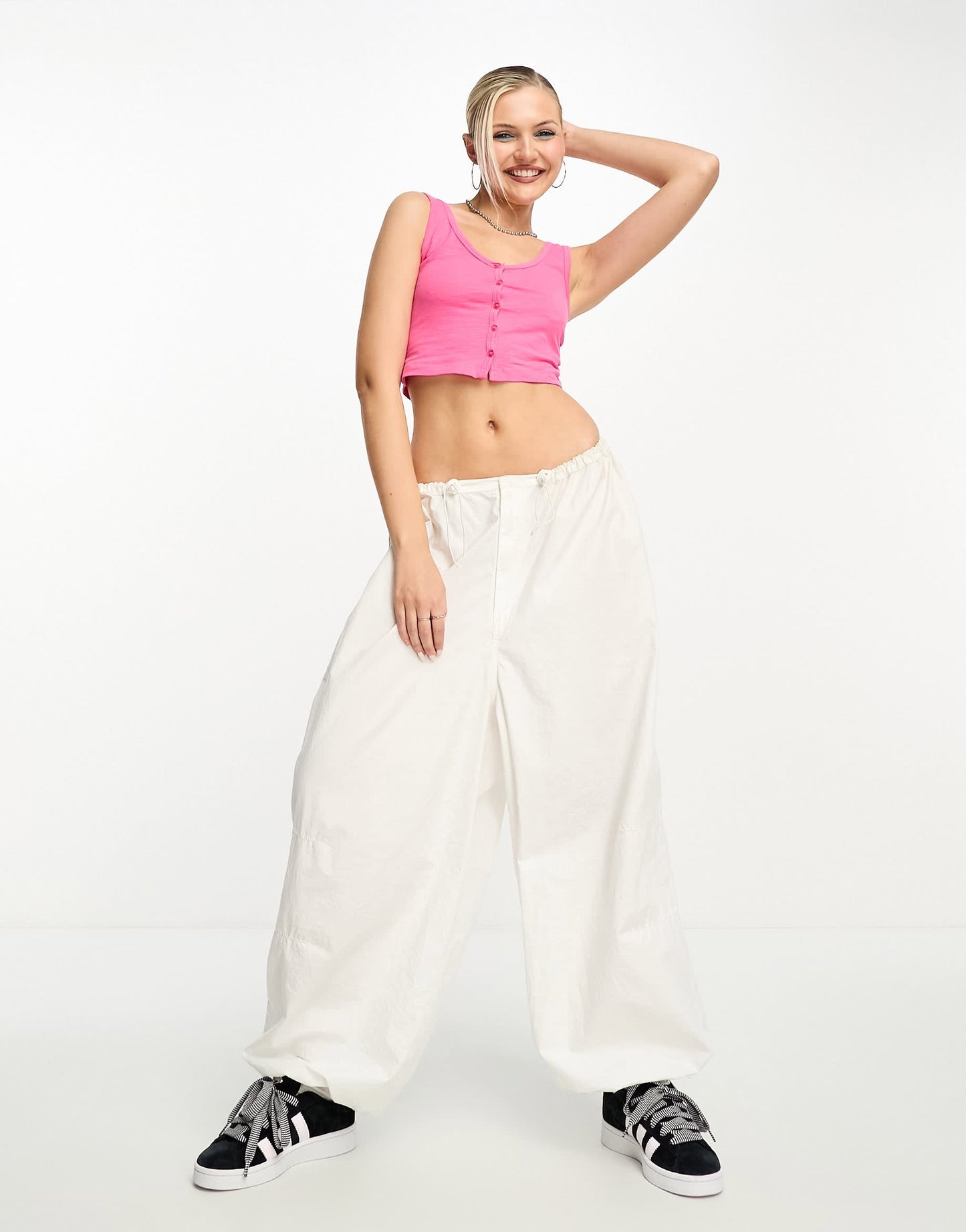 JJXX button up cropped top in bright pink