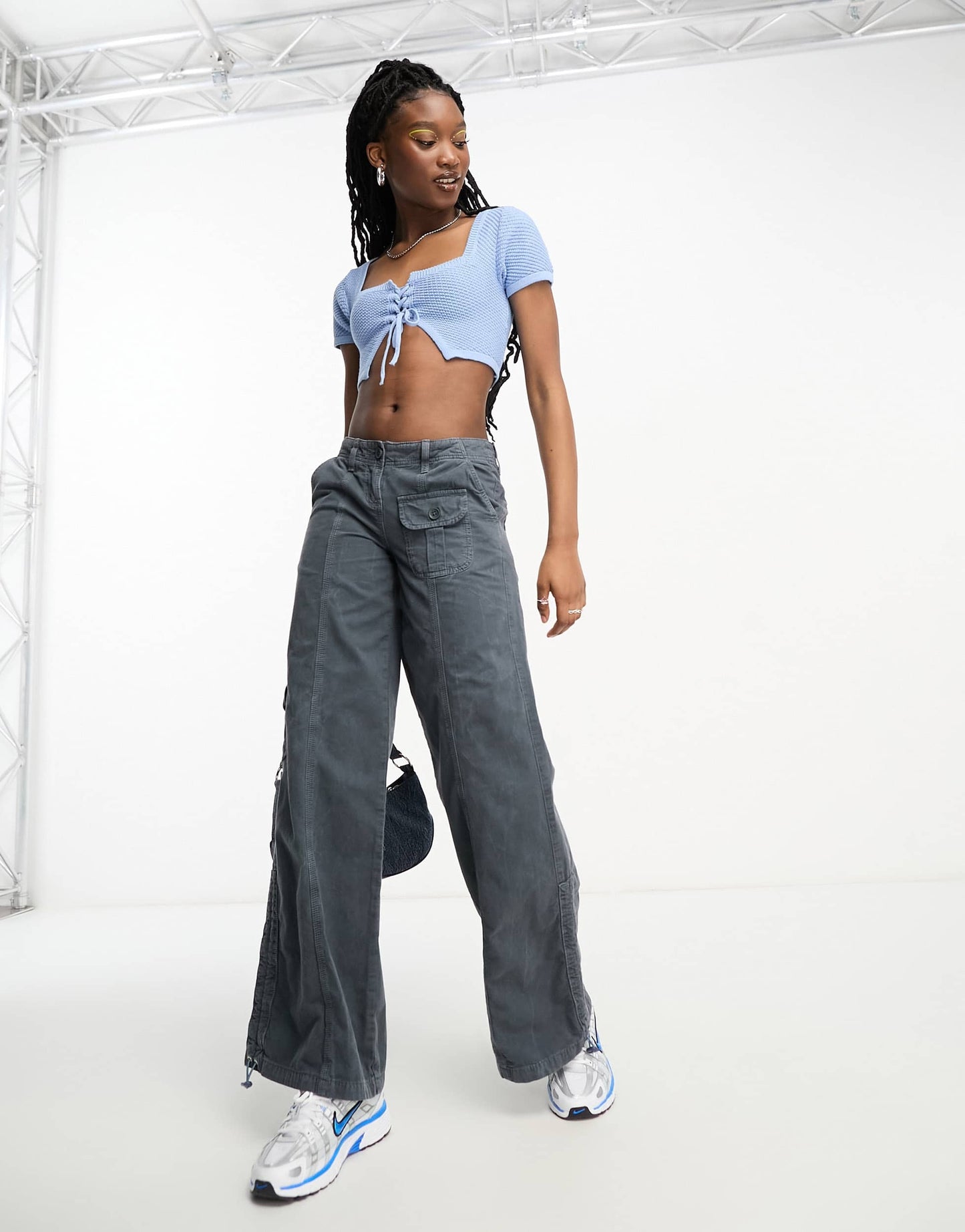 Cotton On key hole knit off shoulder crop top in blue