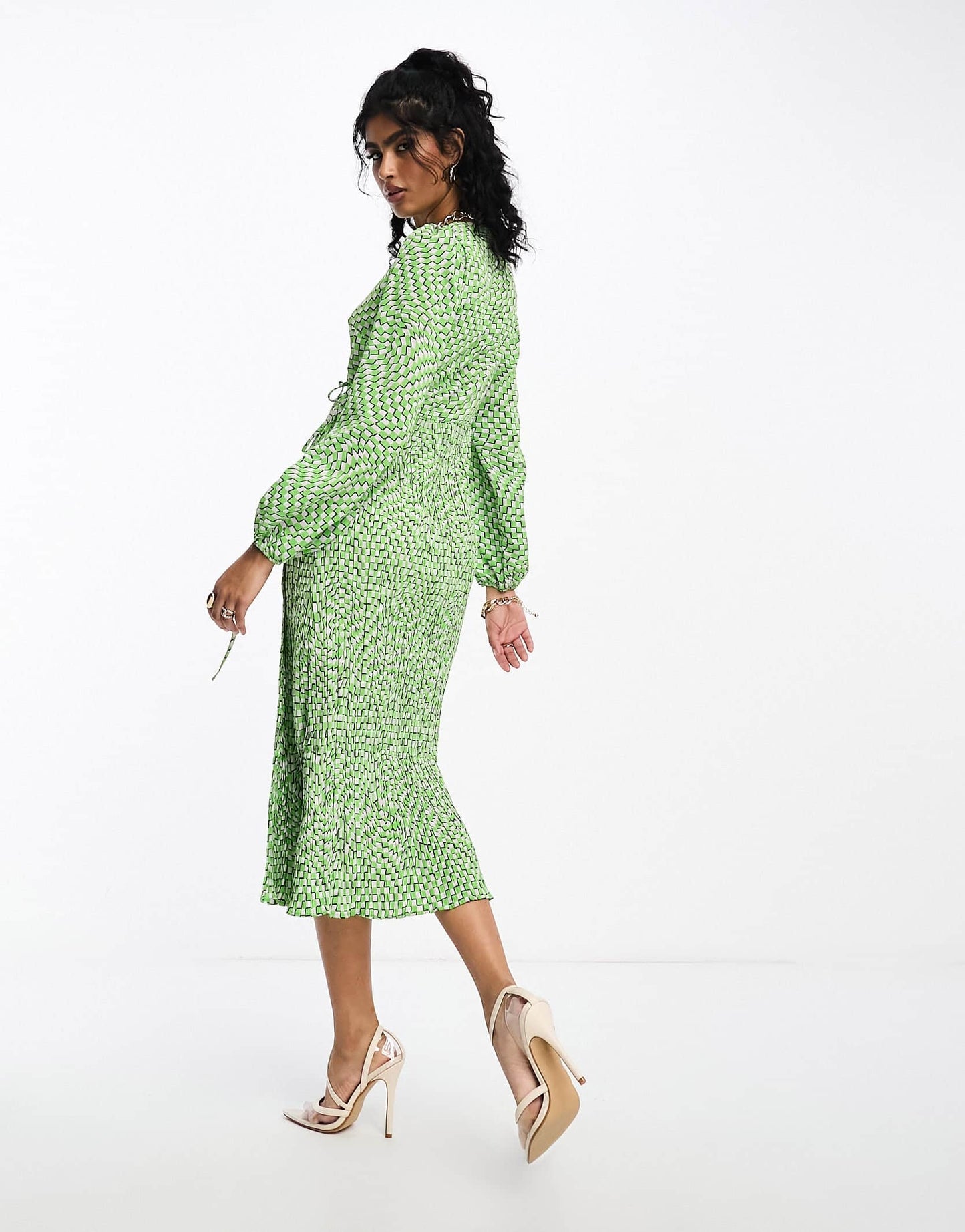 Y.A.S pleated skirt midi dress in green abstract print