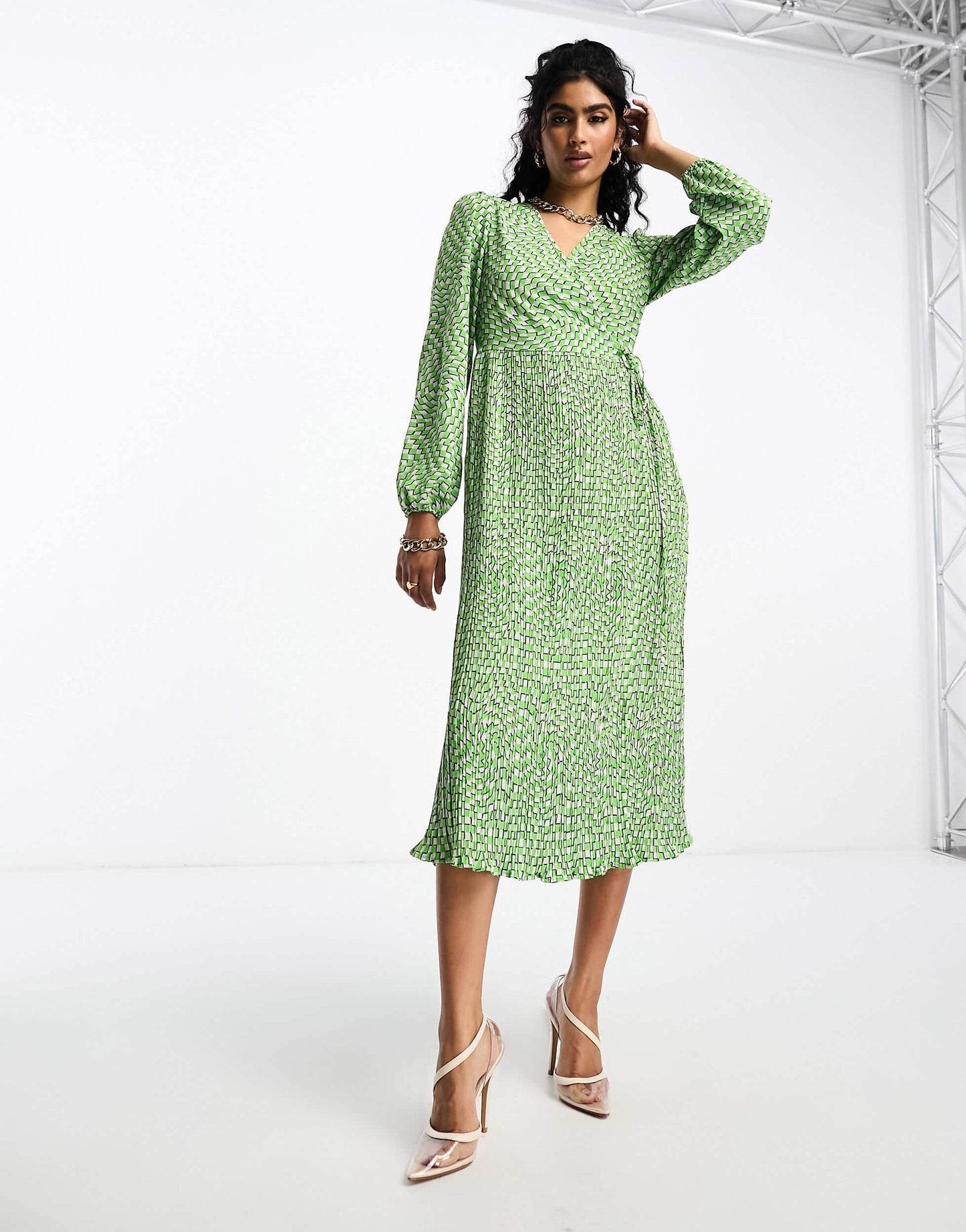 Y.A.S pleated skirt midi dress in green abstract print