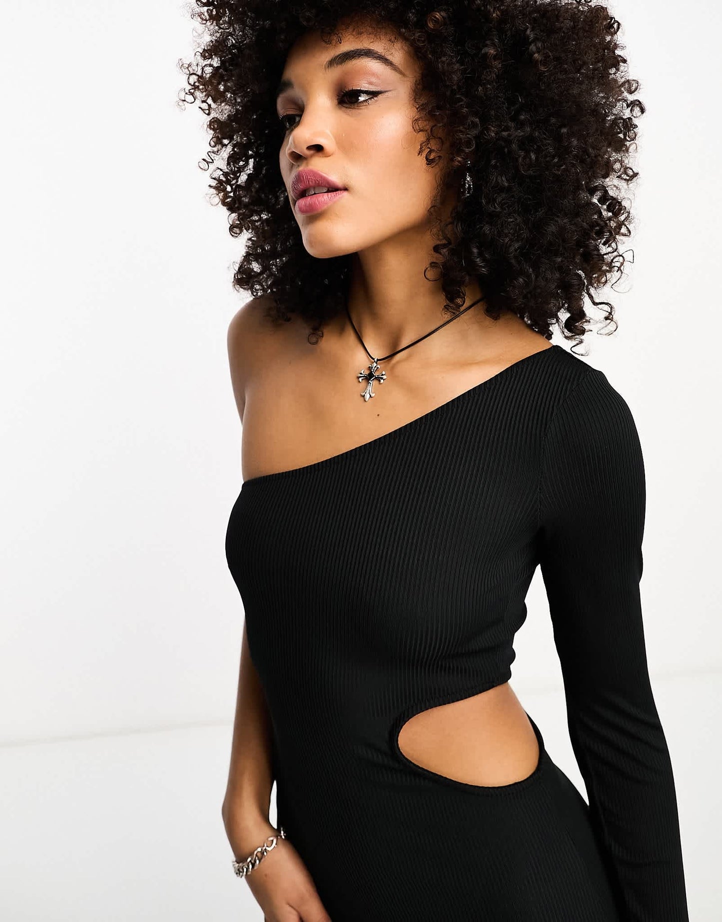 Bershka cut out asymmetric neckline maxi dress in black
