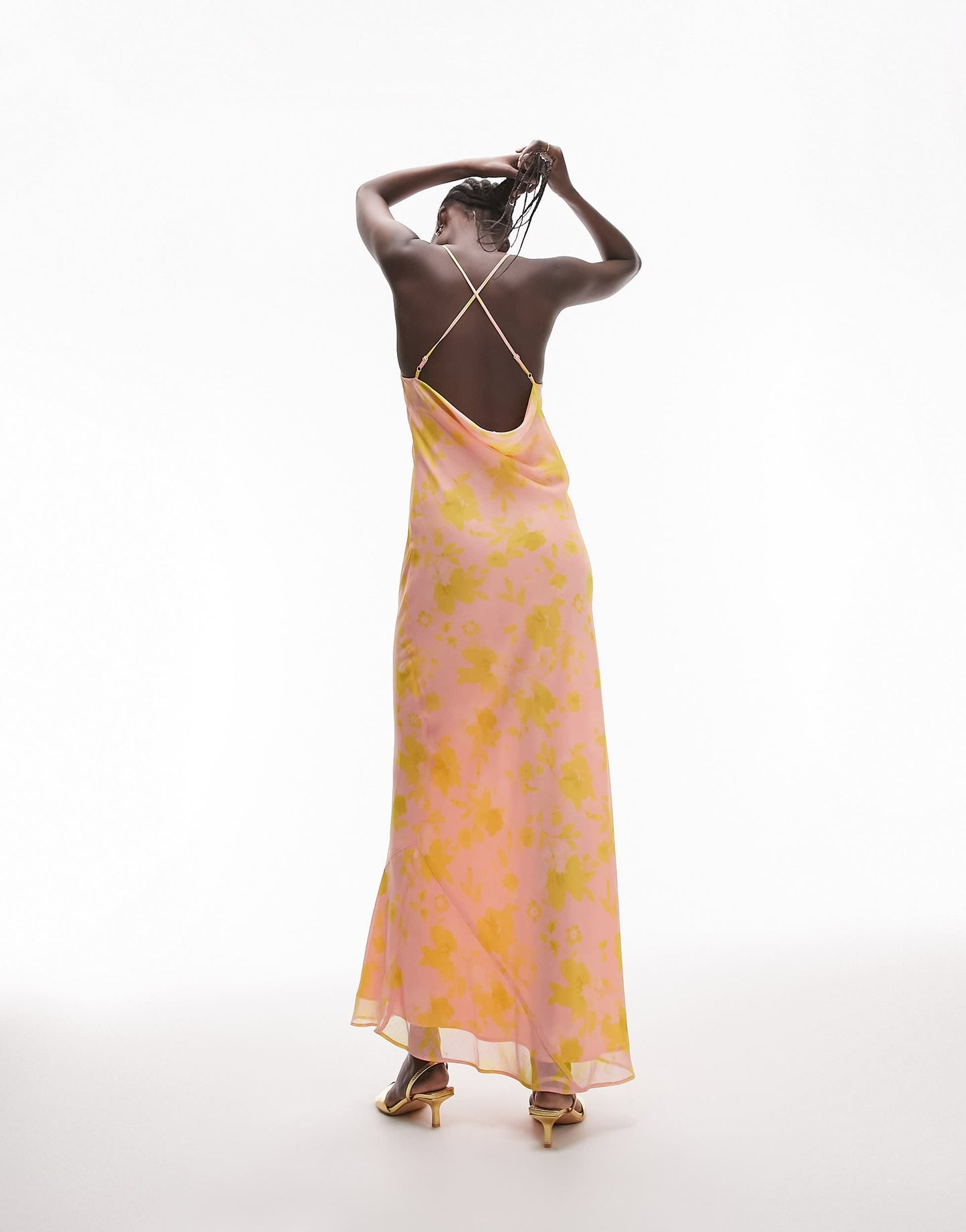Topshop Tall cowl neck cami maxi slip dress in pink and yellow print