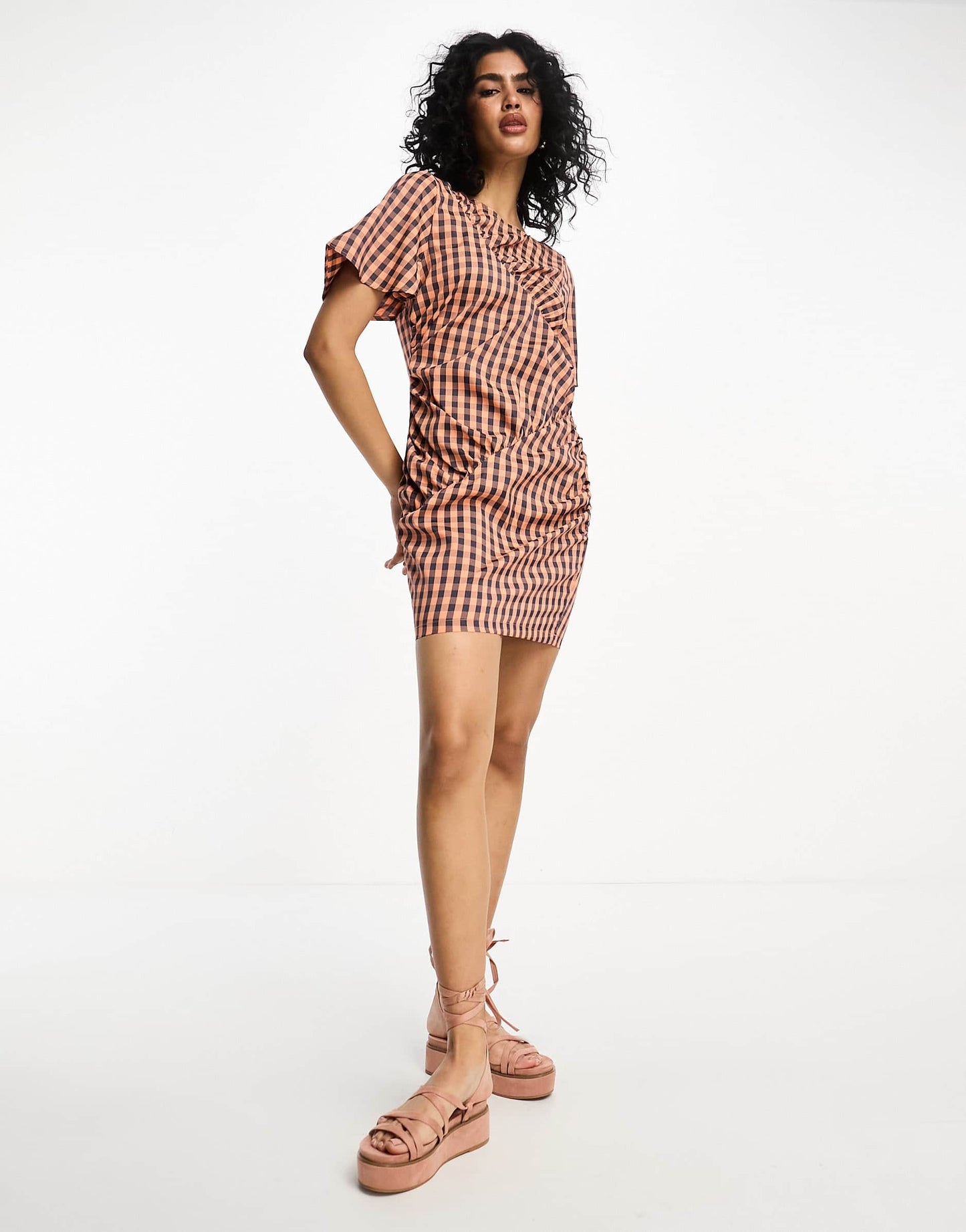 Vila ruched detail mini dress in navy check