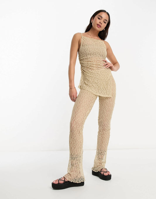Pull&Bear textured mesh flare trouser co-ord in beige