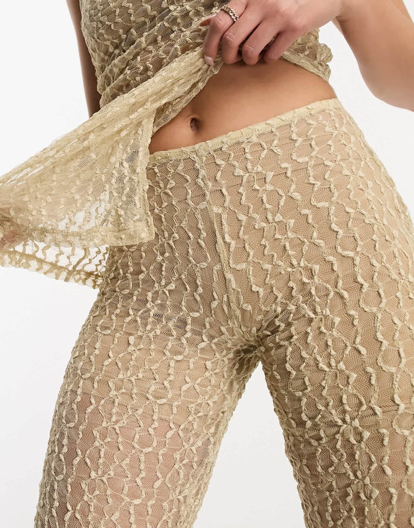 Pull&Bear textured mesh flare trouser co-ord in beige