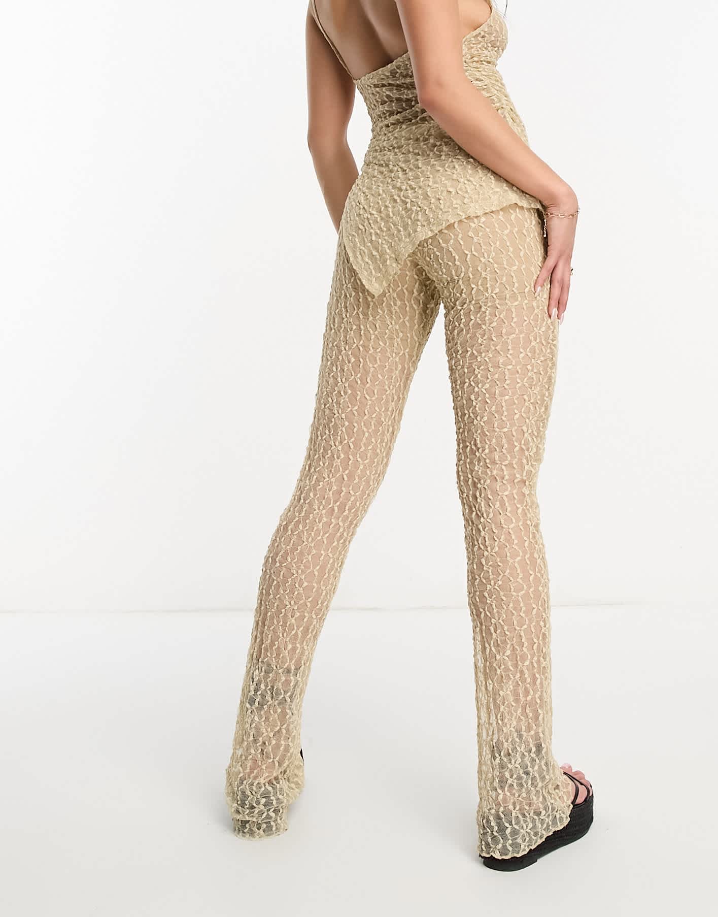 Pull&Bear textured mesh flare trouser co-ord in beige