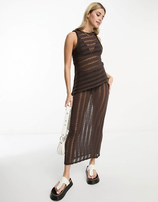 Pull&Bear ladder detail maxi skirt co-ord in brown