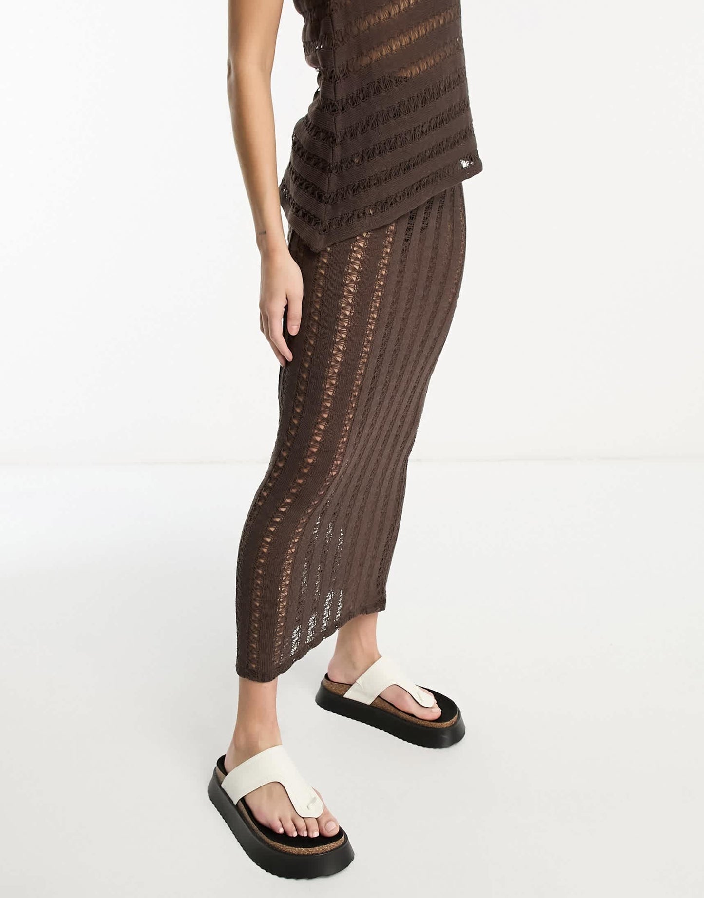 Pull&Bear ladder detail maxi skirt co-ord in brown