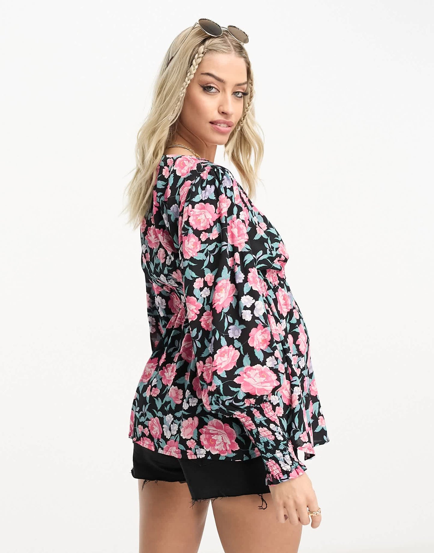 River Island Maternity wrap top with long sleeves in pink floral