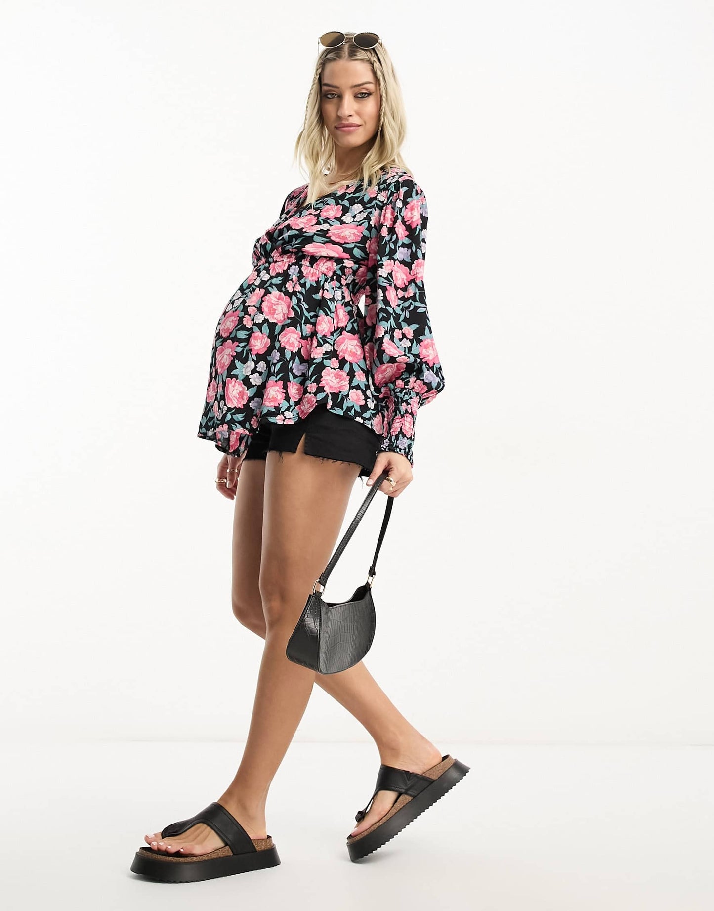 River Island Maternity wrap top with long sleeves in pink floral