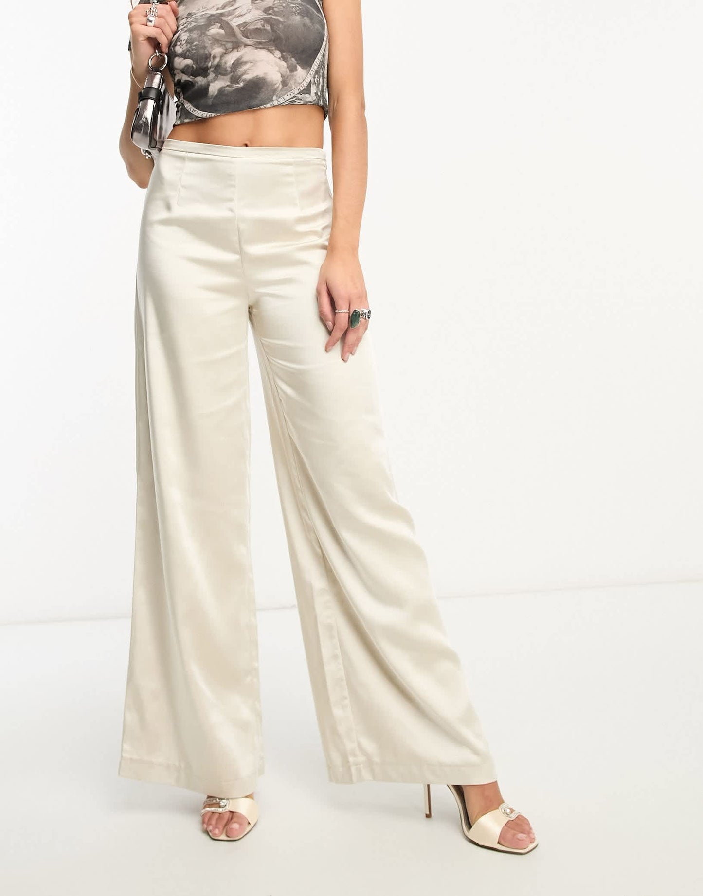 ONLY high waisted satin palazzo trouser co-ord in champagne