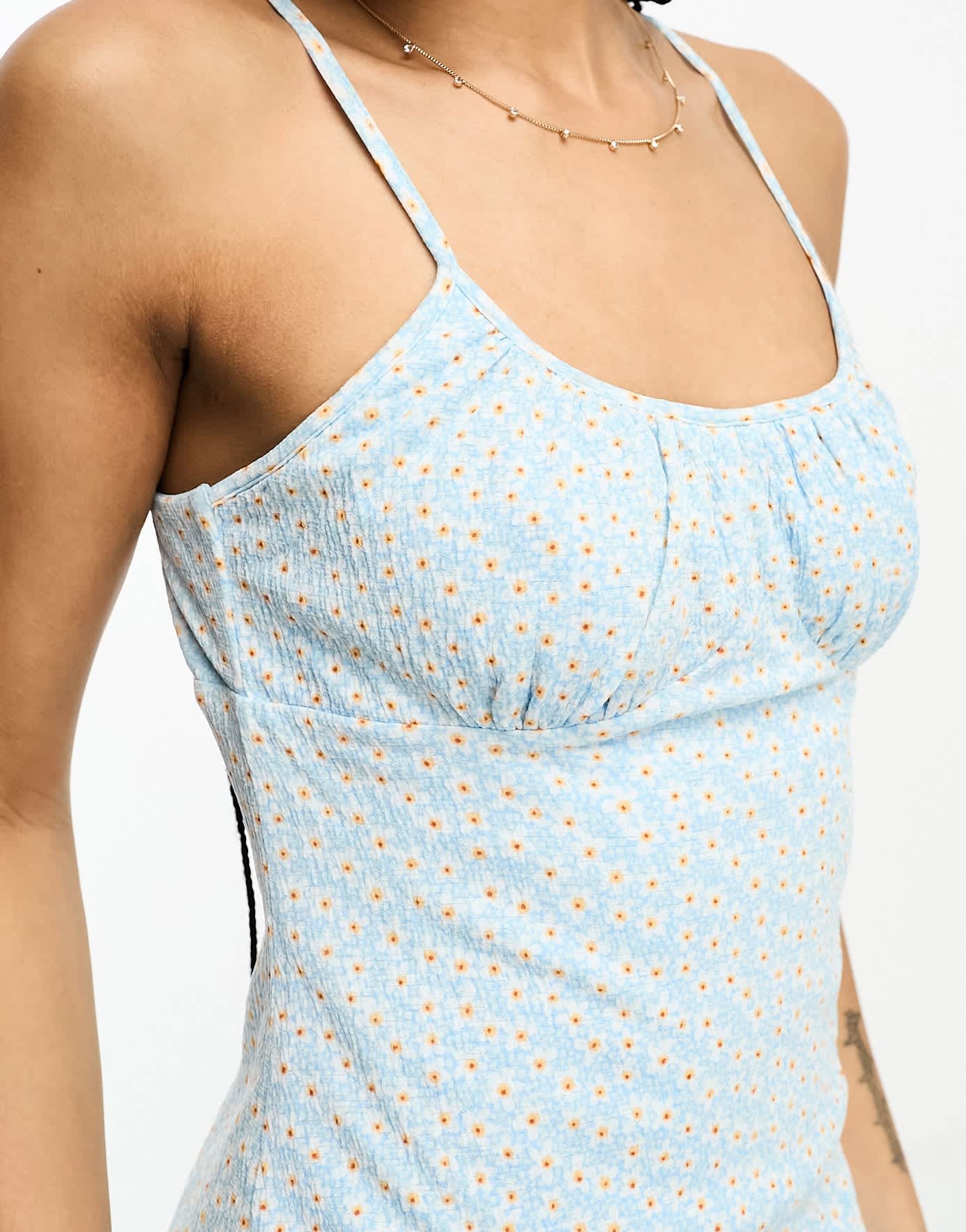 Only Petite exclusive cami split side midi dress in blue daisy print