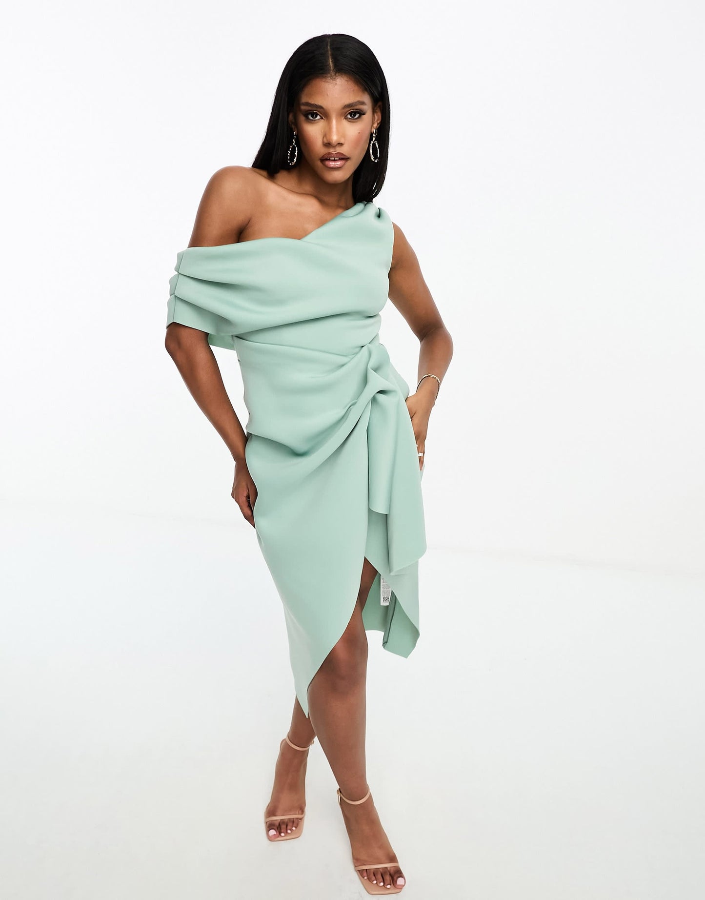 ASOS DESIGN fallen shoulder manipulated tuck midi pencil dress in frosty sage