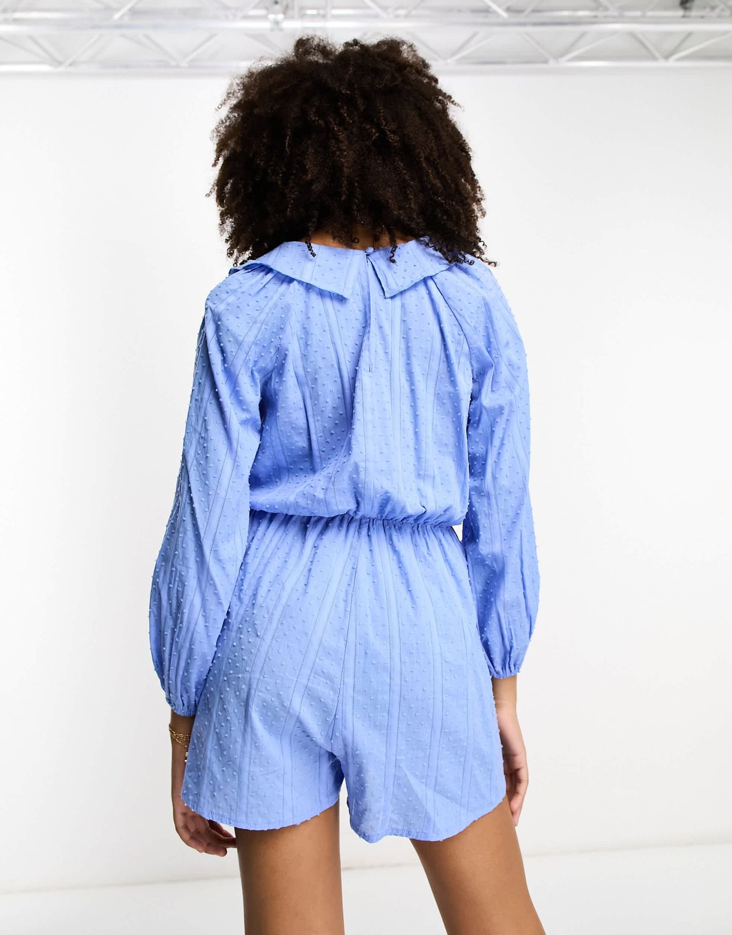 Little Mistress long sleeve ruffle playsuit in baby blue