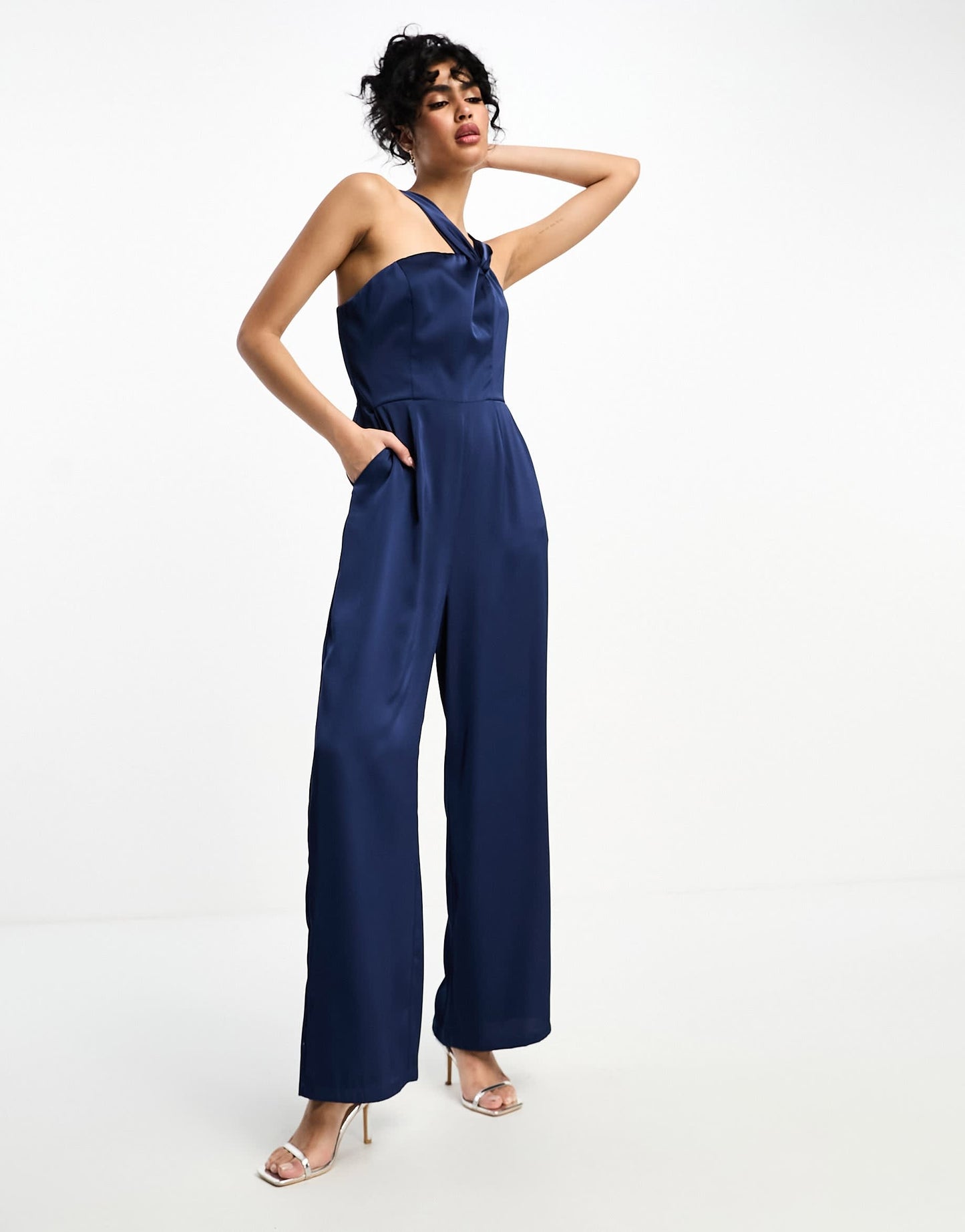 Little Mistress asymmetrical satin jumpsuit in navy blue