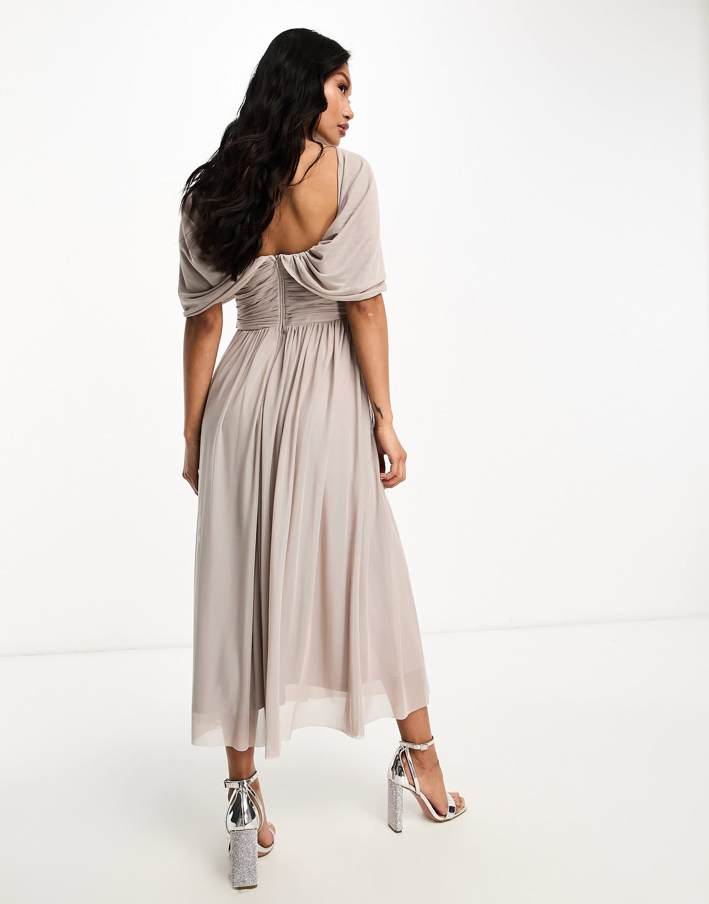 Little Mistress Bridesmaids bardot gathered midi dress in mesh in mink