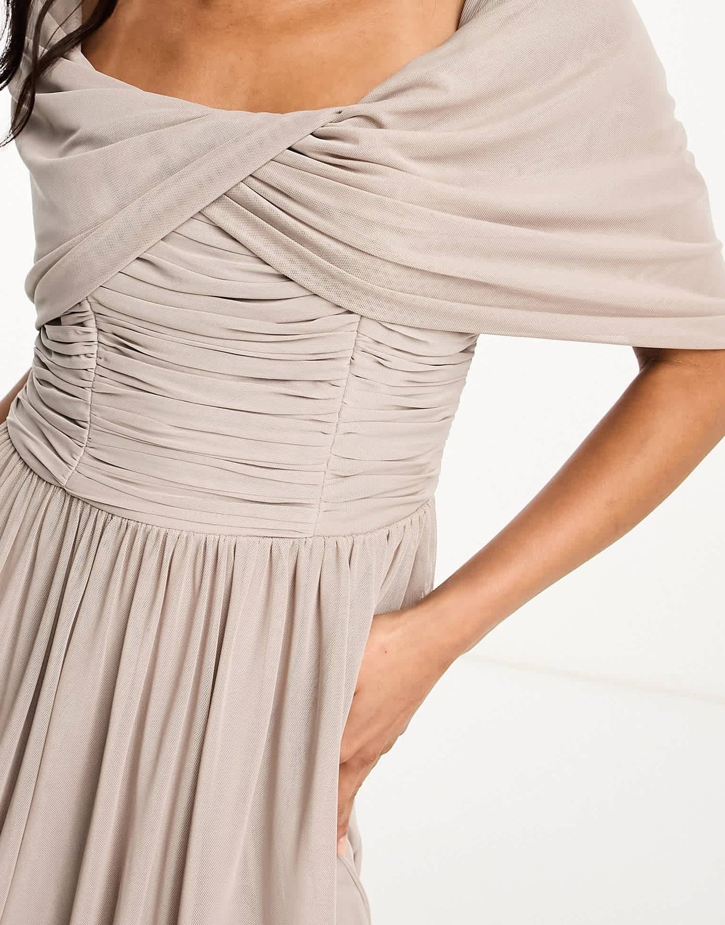 Little Mistress Bridesmaids bardot gathered midi dress in mesh in mink