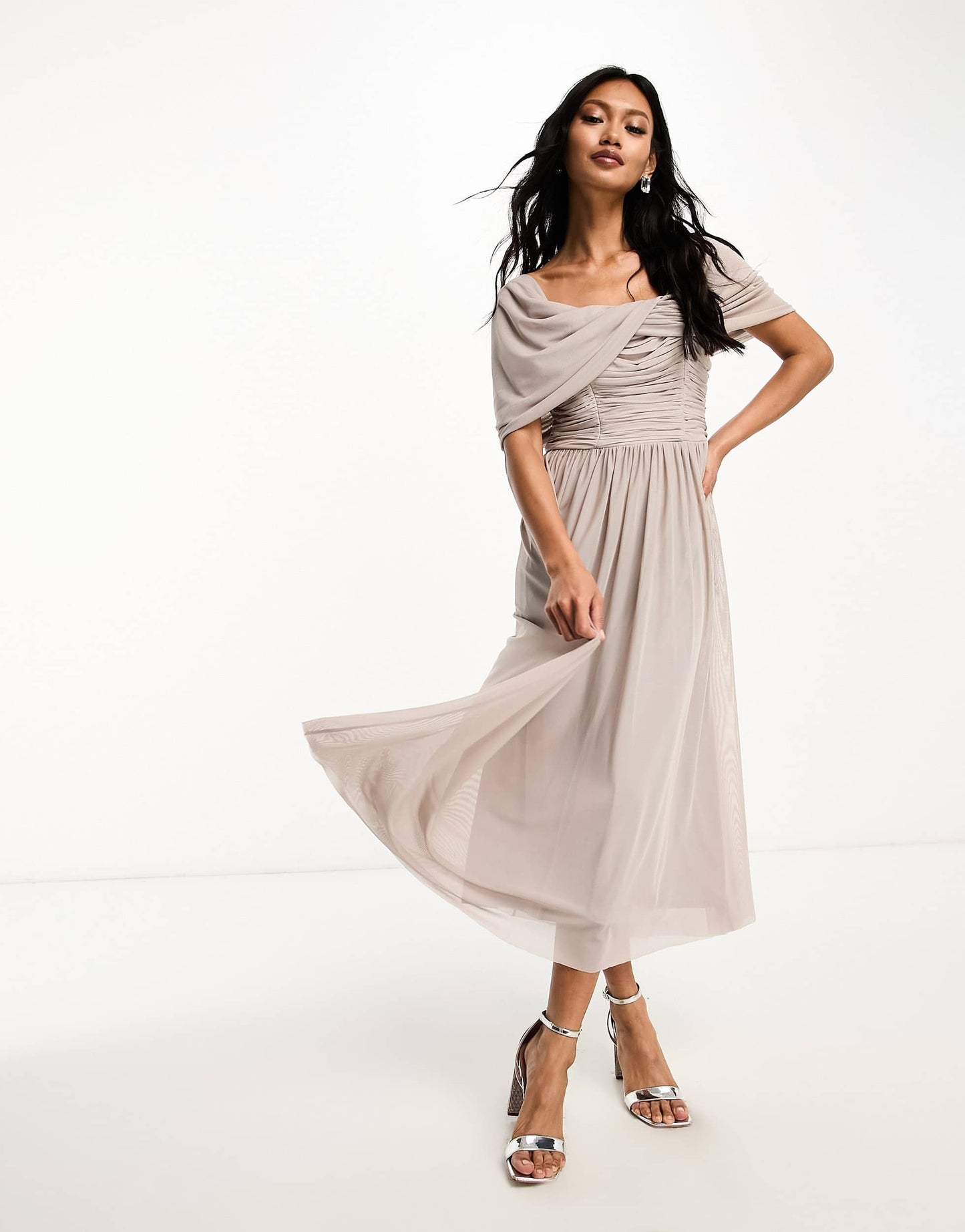 Little Mistress Bridesmaids bardot gathered midi dress in mesh in mink