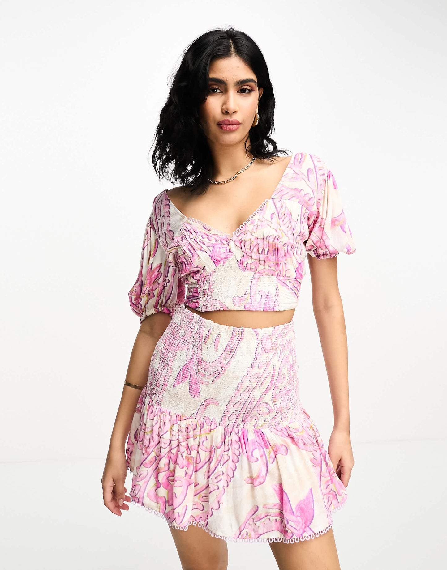 River Island print shirred puff sleeve beach top co-ord in pink
