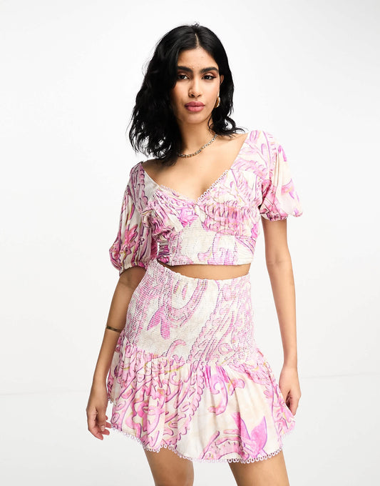River Island print shirred puff sleeve beach top co-ord in pink