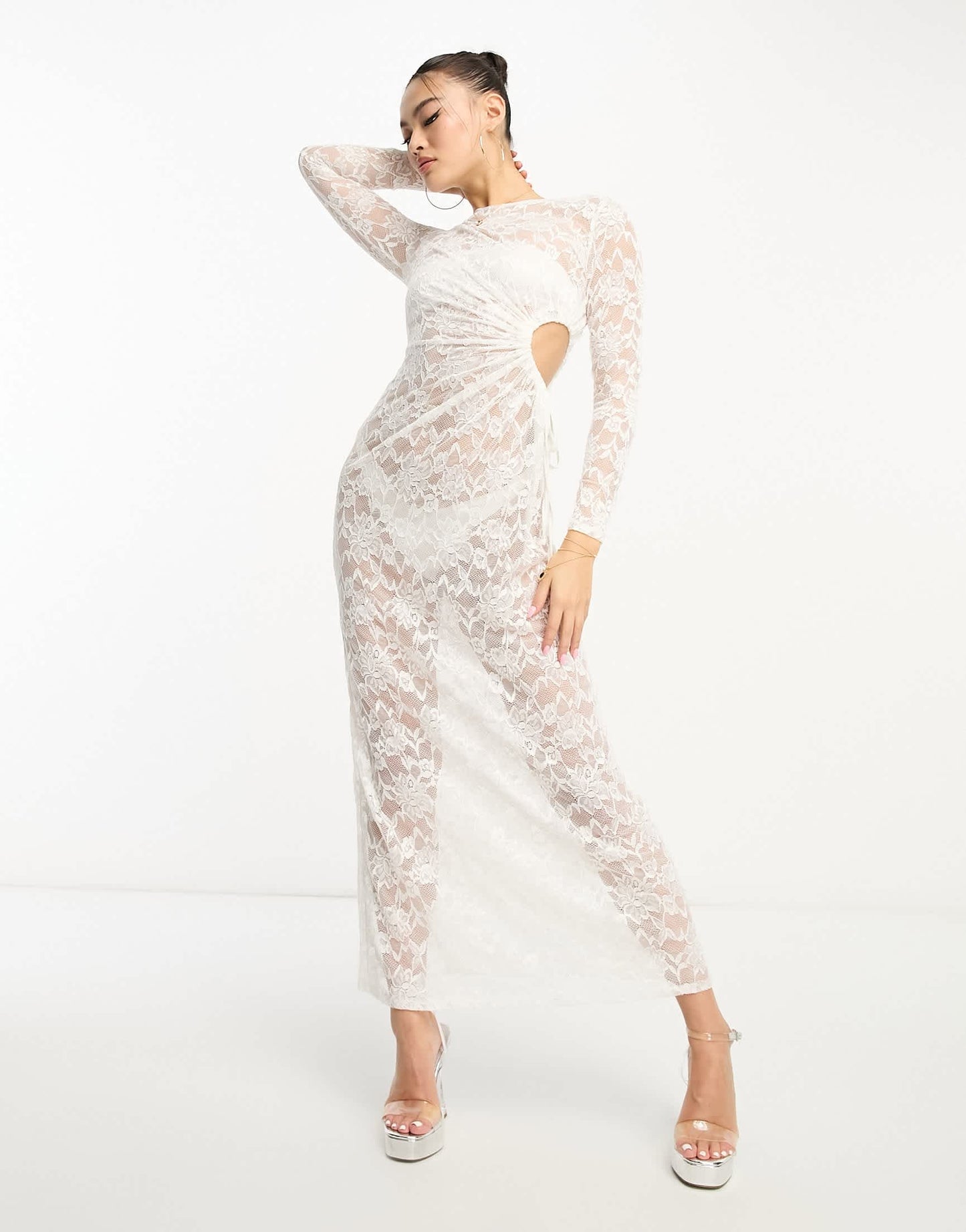 Flounce London sheer lace ruched maxi dress in ivory