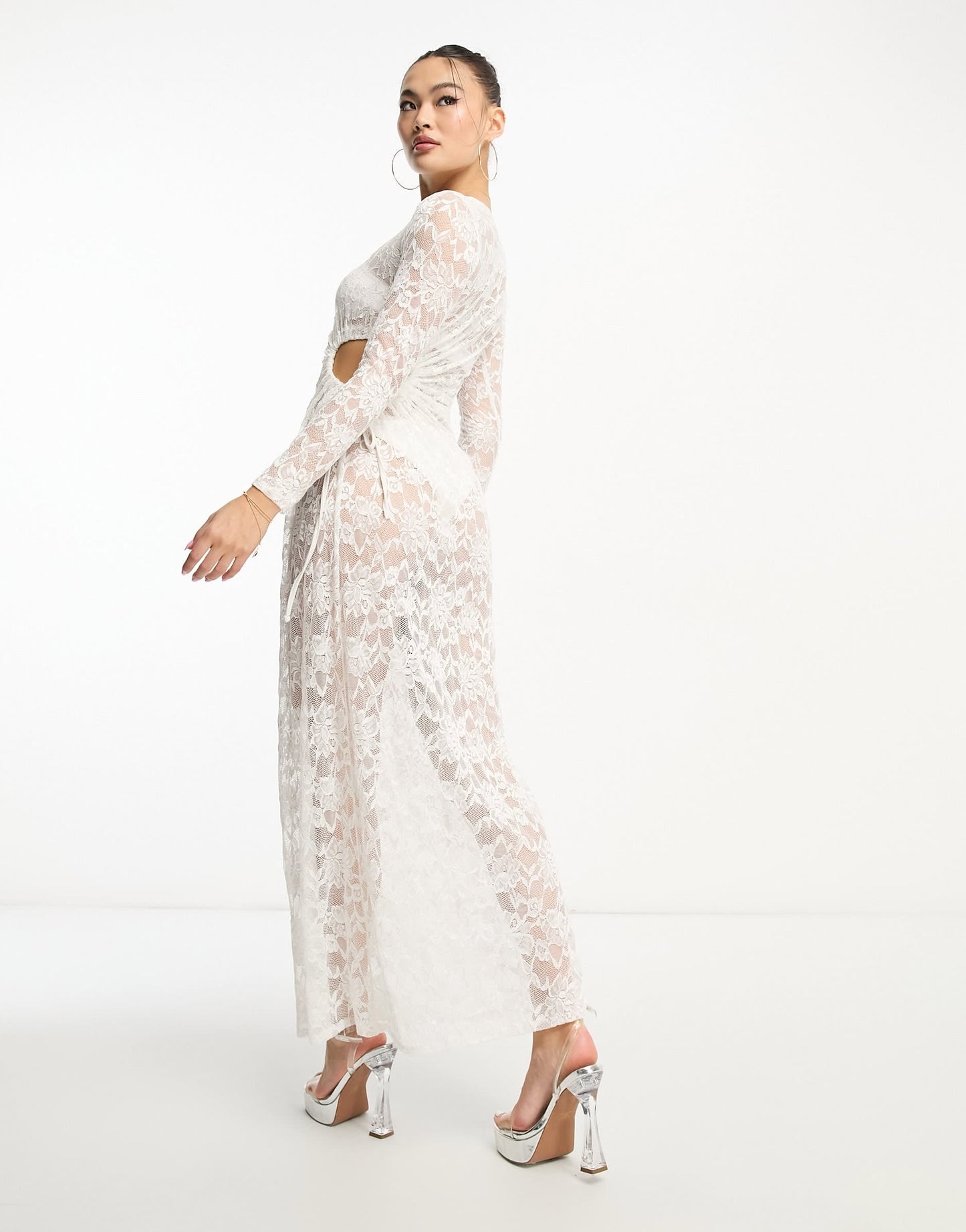 Flounce London sheer lace ruched maxi dress in ivory