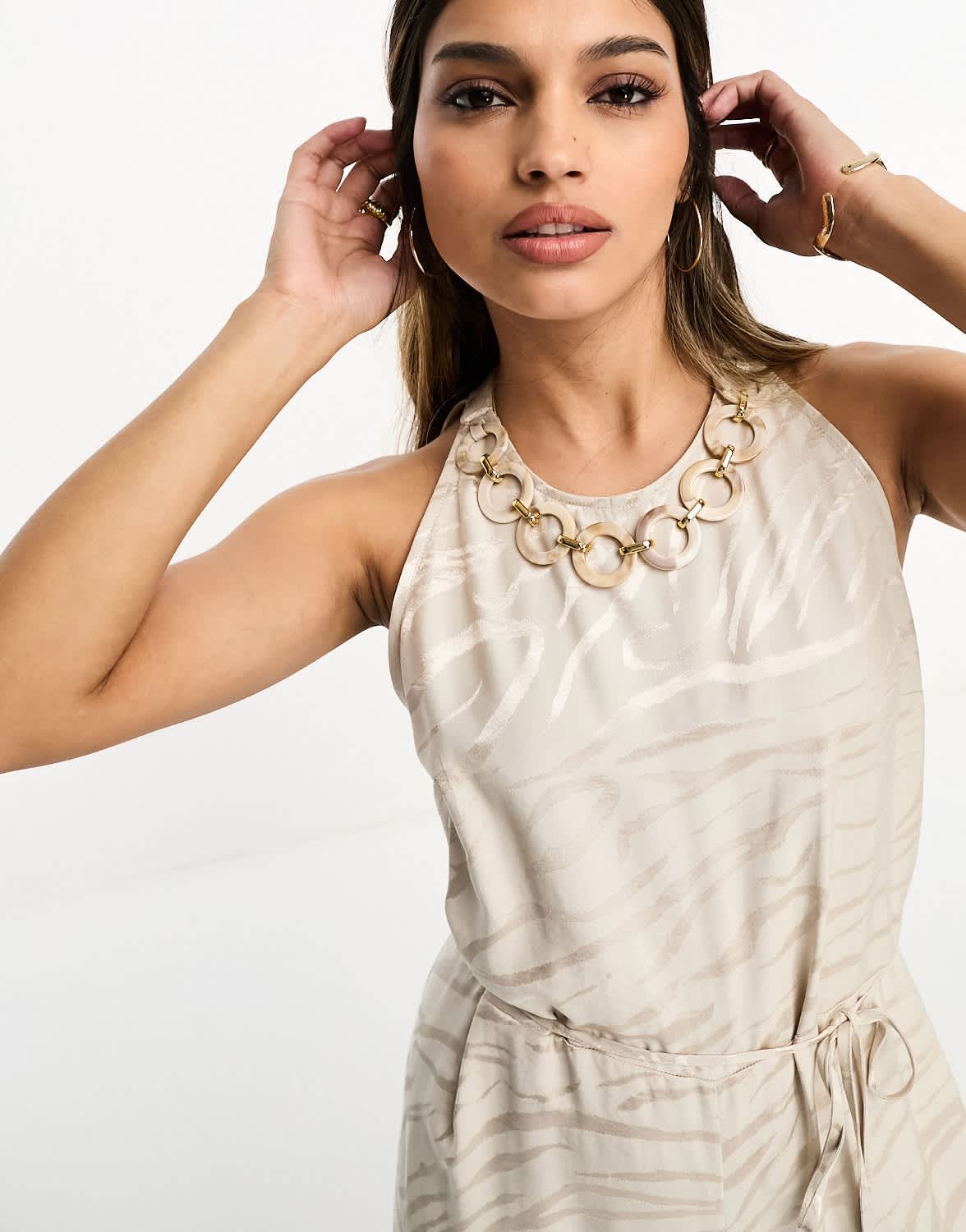 River Island jumpsuit with trim neck detail in light beige print