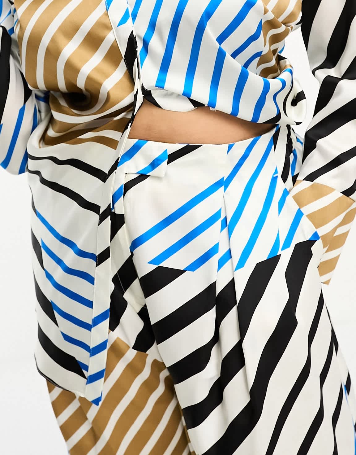 River Island Plus satin mixed stripe print wide leg trouser co-ord in blue