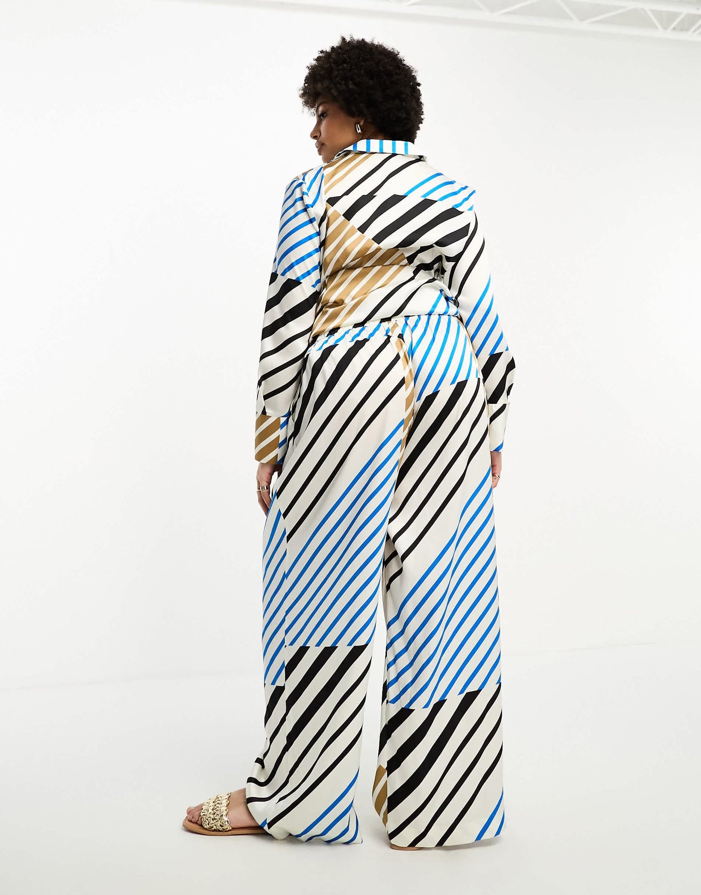 River Island Plus satin mixed stripe print wide leg trouser co-ord in blue