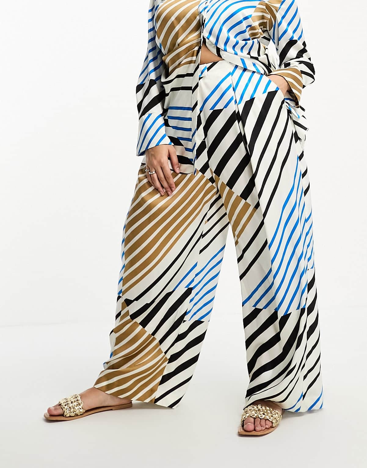 River Island Plus satin mixed stripe print wide leg trouser co-ord in blue